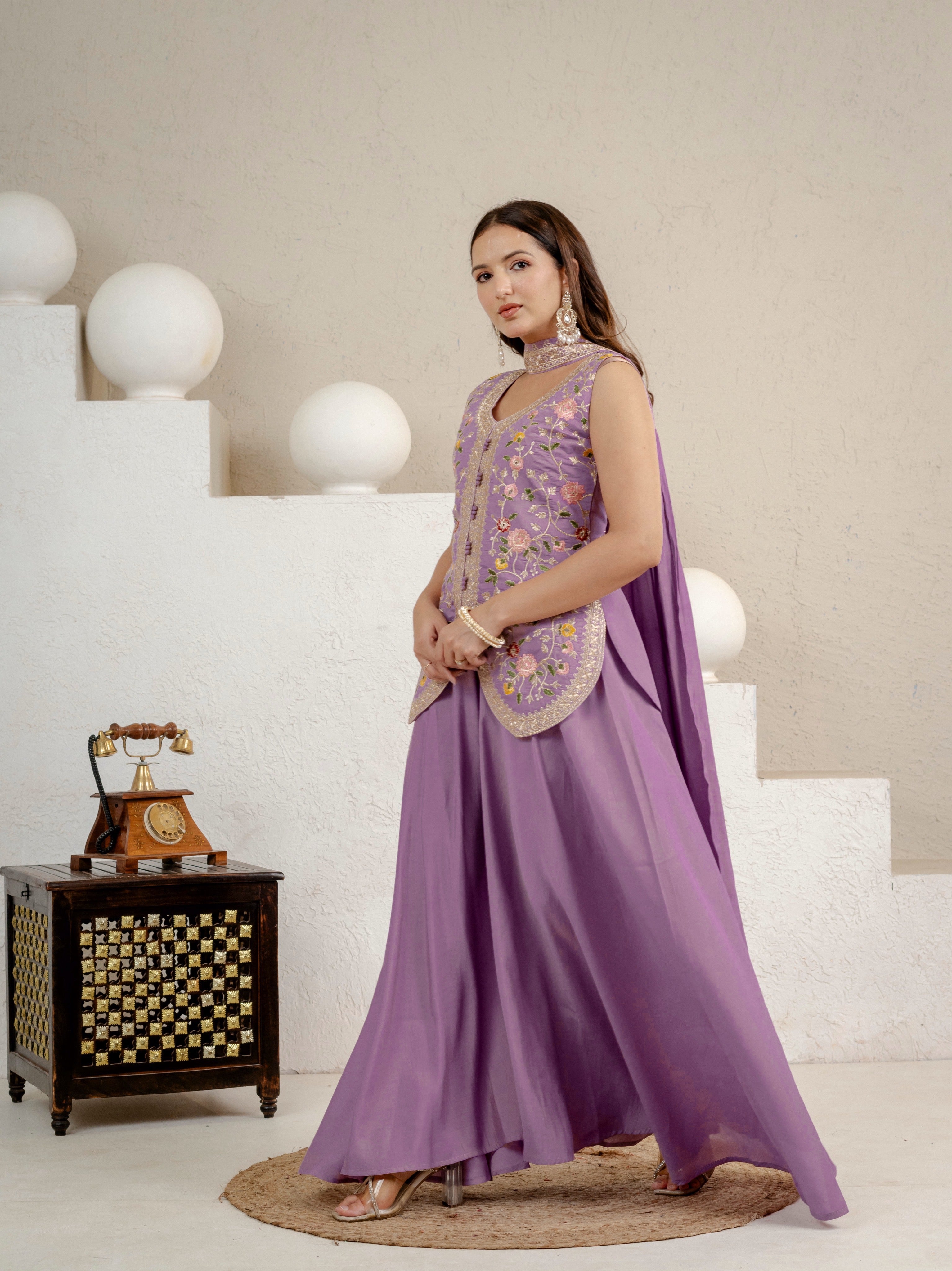 Lavender Roman Silk Embroidered Top with Sharara Palazzo & Chanderi Dupatta Set
