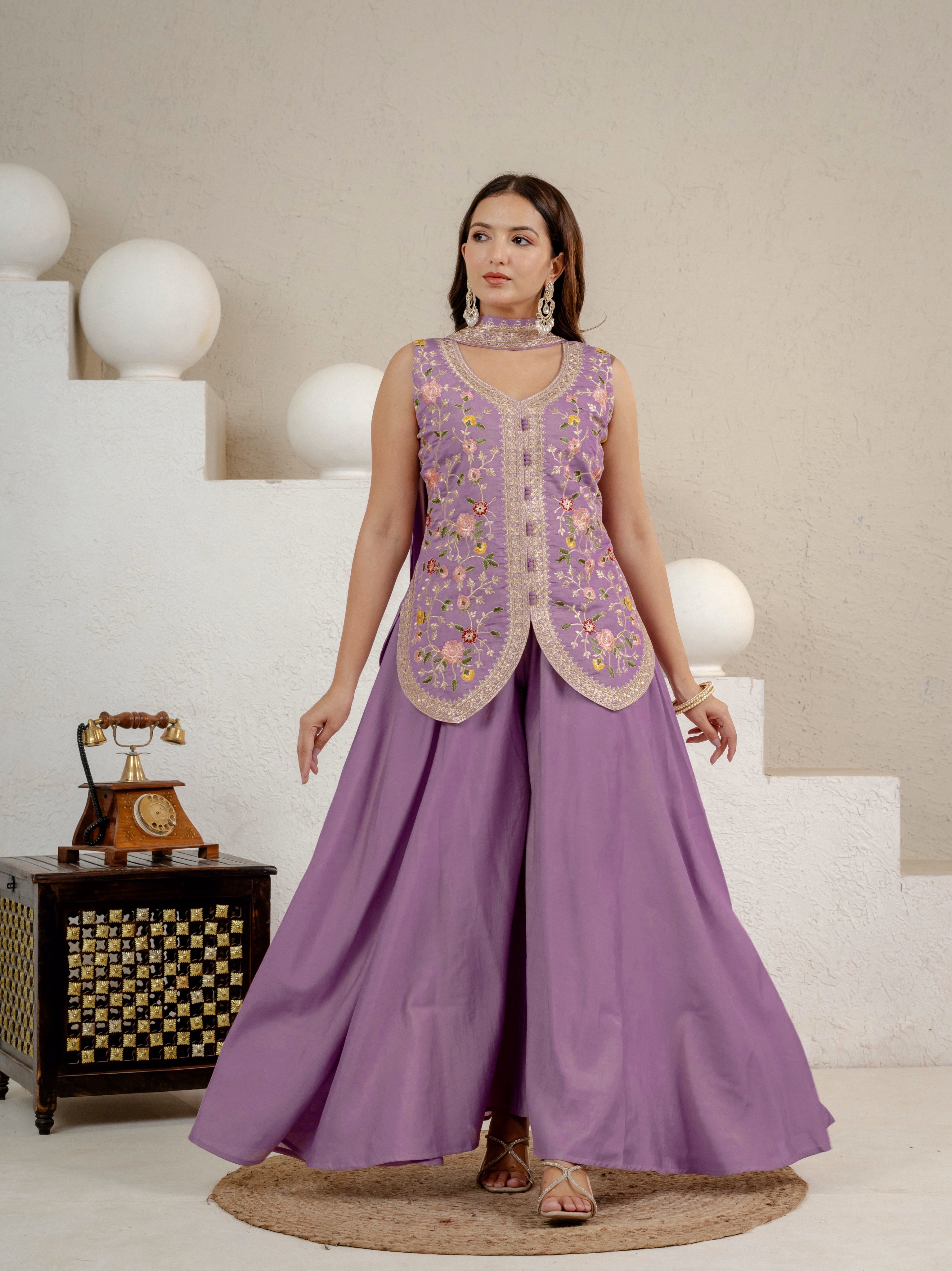 Lavender Roman Silk Embroidered Top with Sharara Palazzo & Chanderi Dupatta Set
