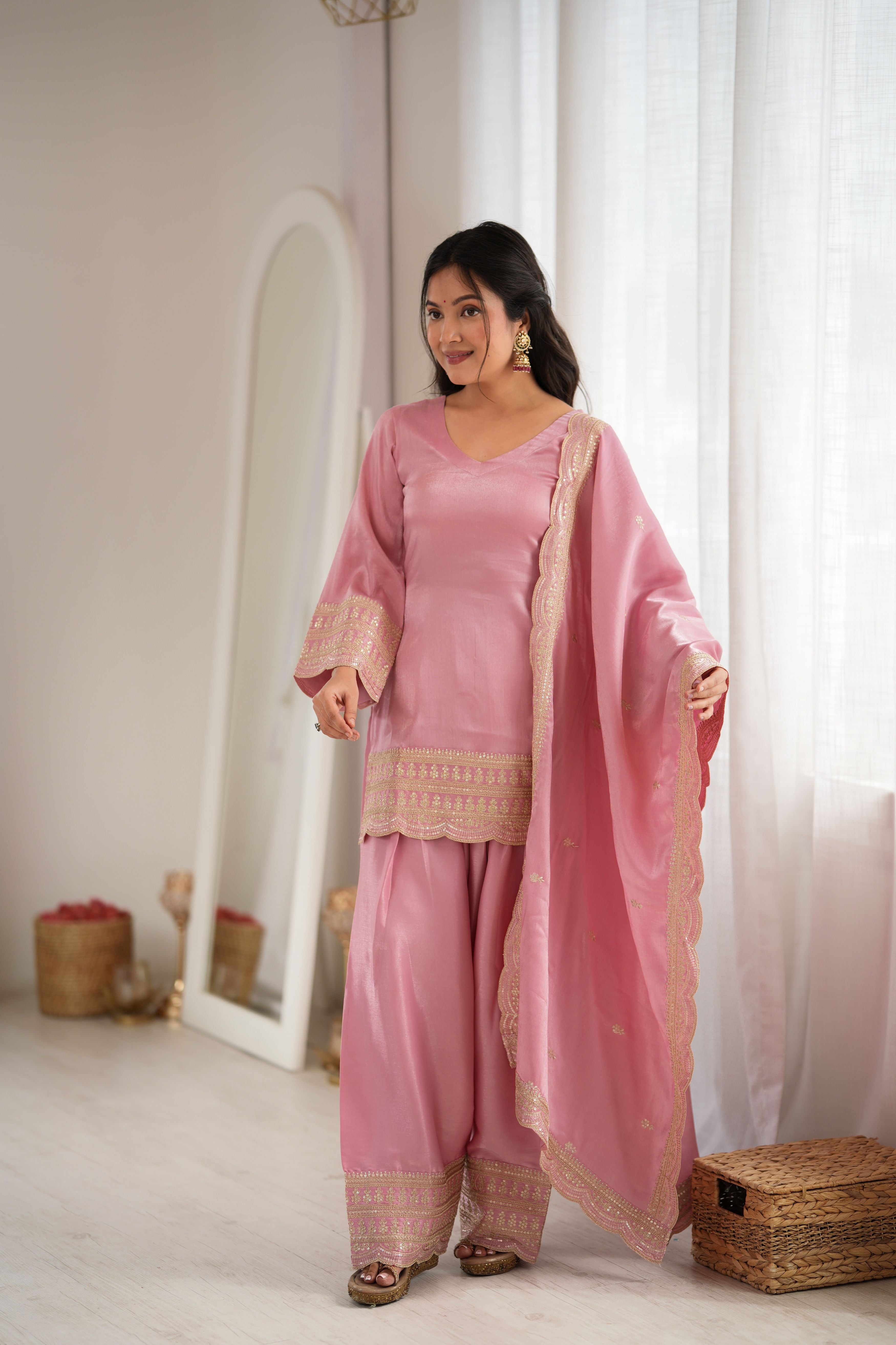 Blush Pink Glass Roman Silk Embroidered Kurta with Farshi Shalwar & Dupatta Set