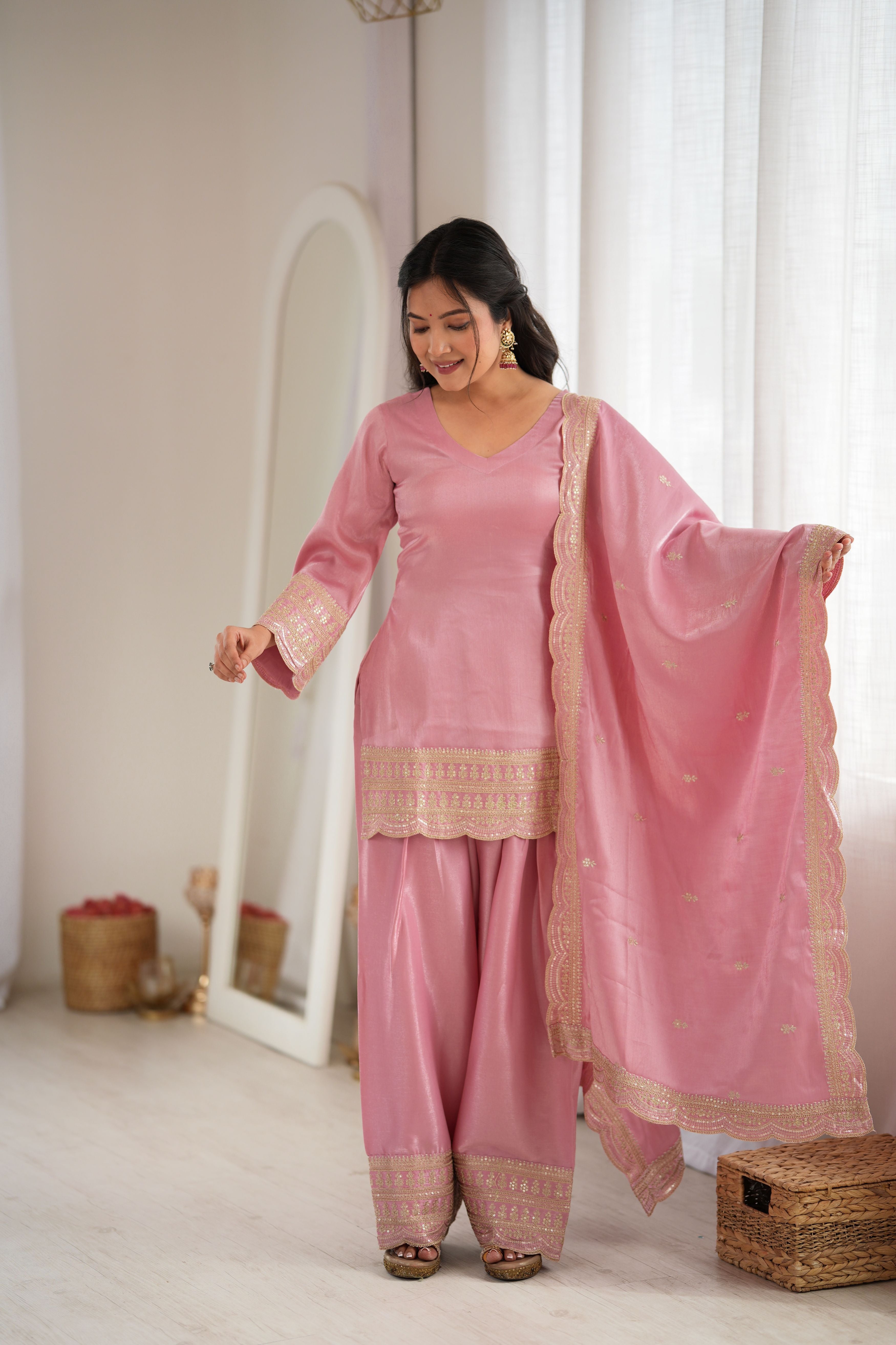 Blush Pink Glass Roman Silk Embroidered Kurta with Farshi Shalwar & Dupatta Set