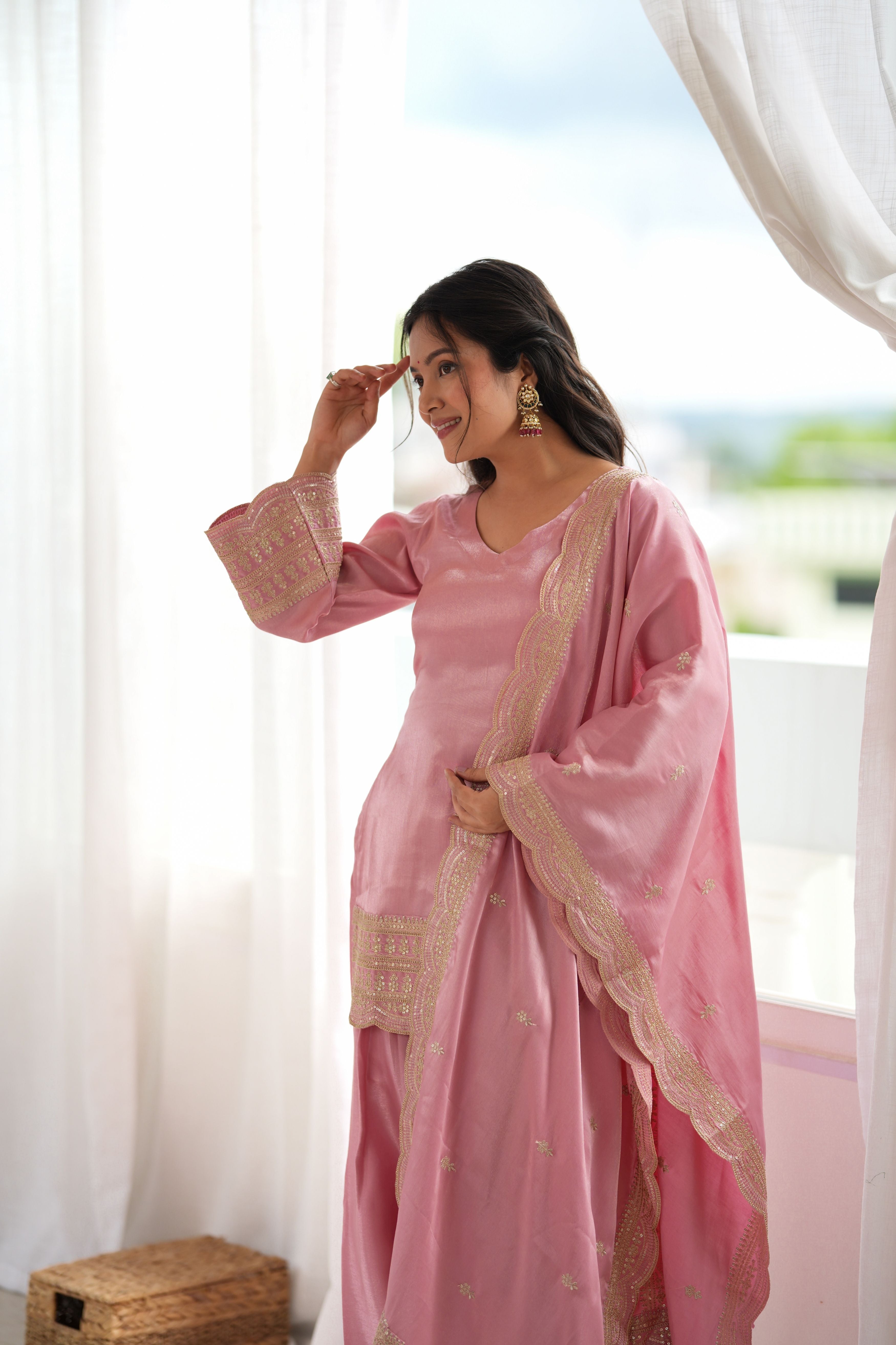 Blush Pink Glass Roman Silk Embroidered Kurta with Farshi Shalwar & Dupatta Set