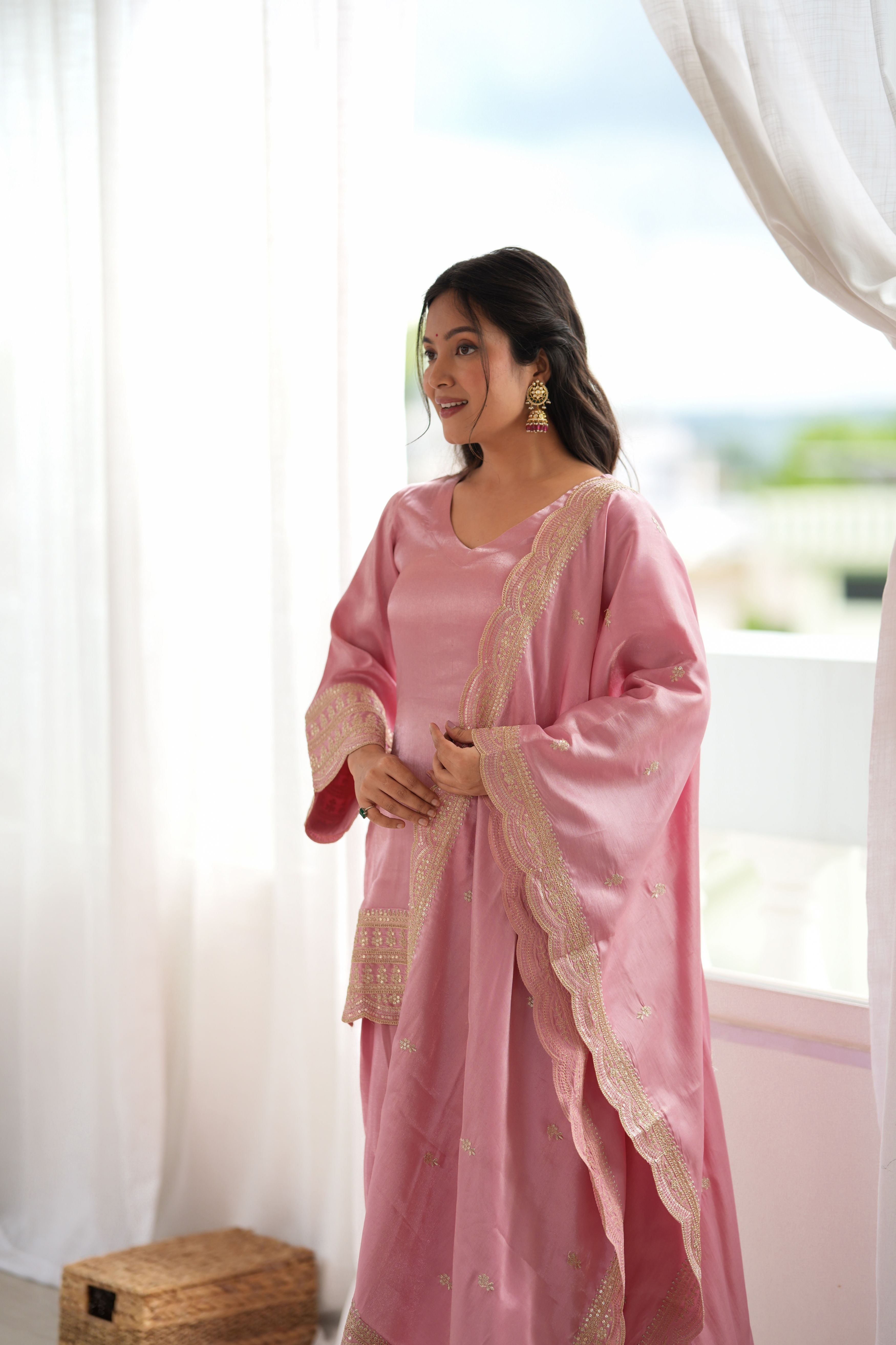 Blush Pink Glass Roman Silk Embroidered Kurta with Farshi Shalwar & Dupatta Set