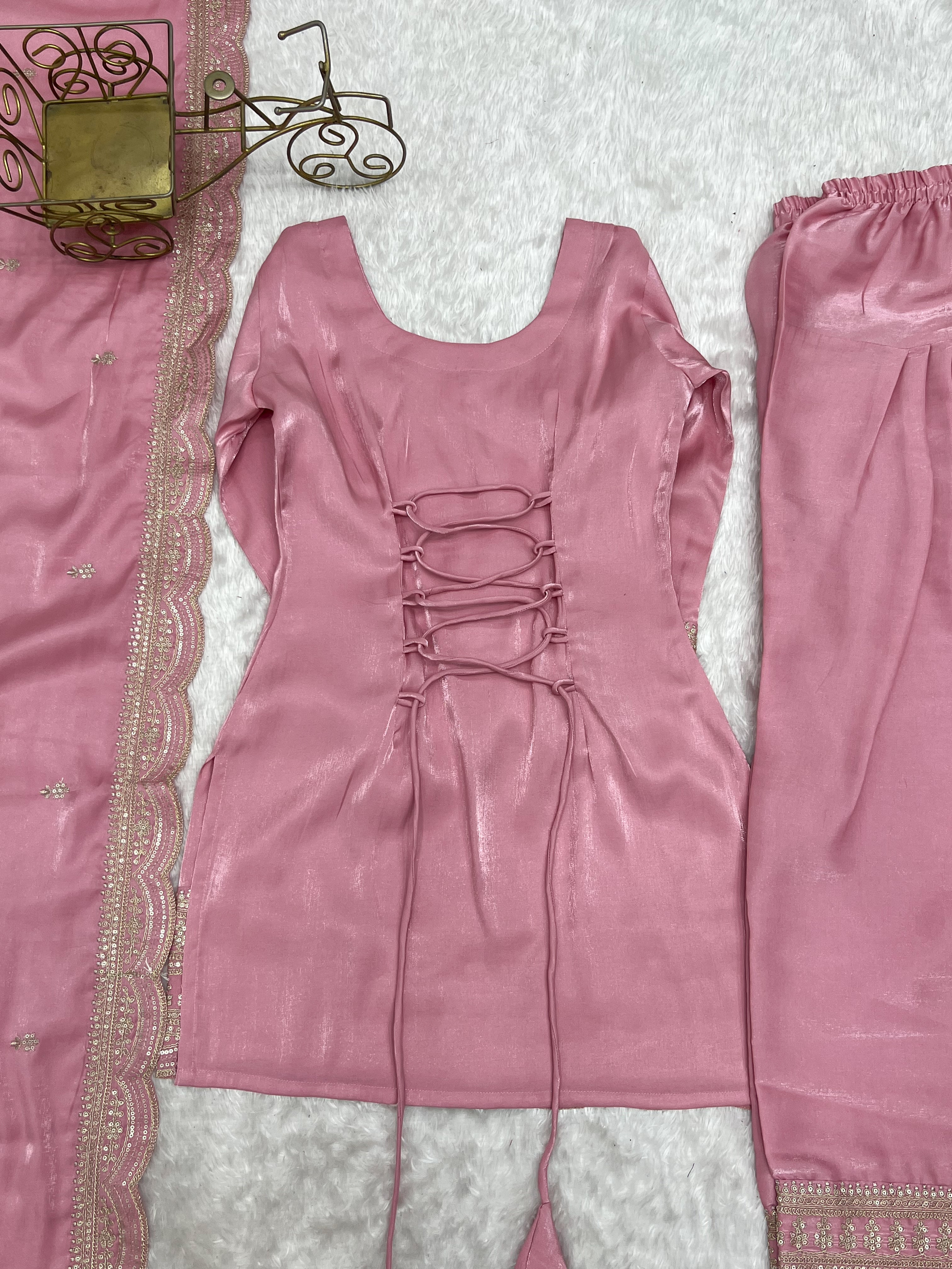 Blush Pink Glass Roman Silk Embroidered Kurta with Farshi Shalwar & Dupatta Set