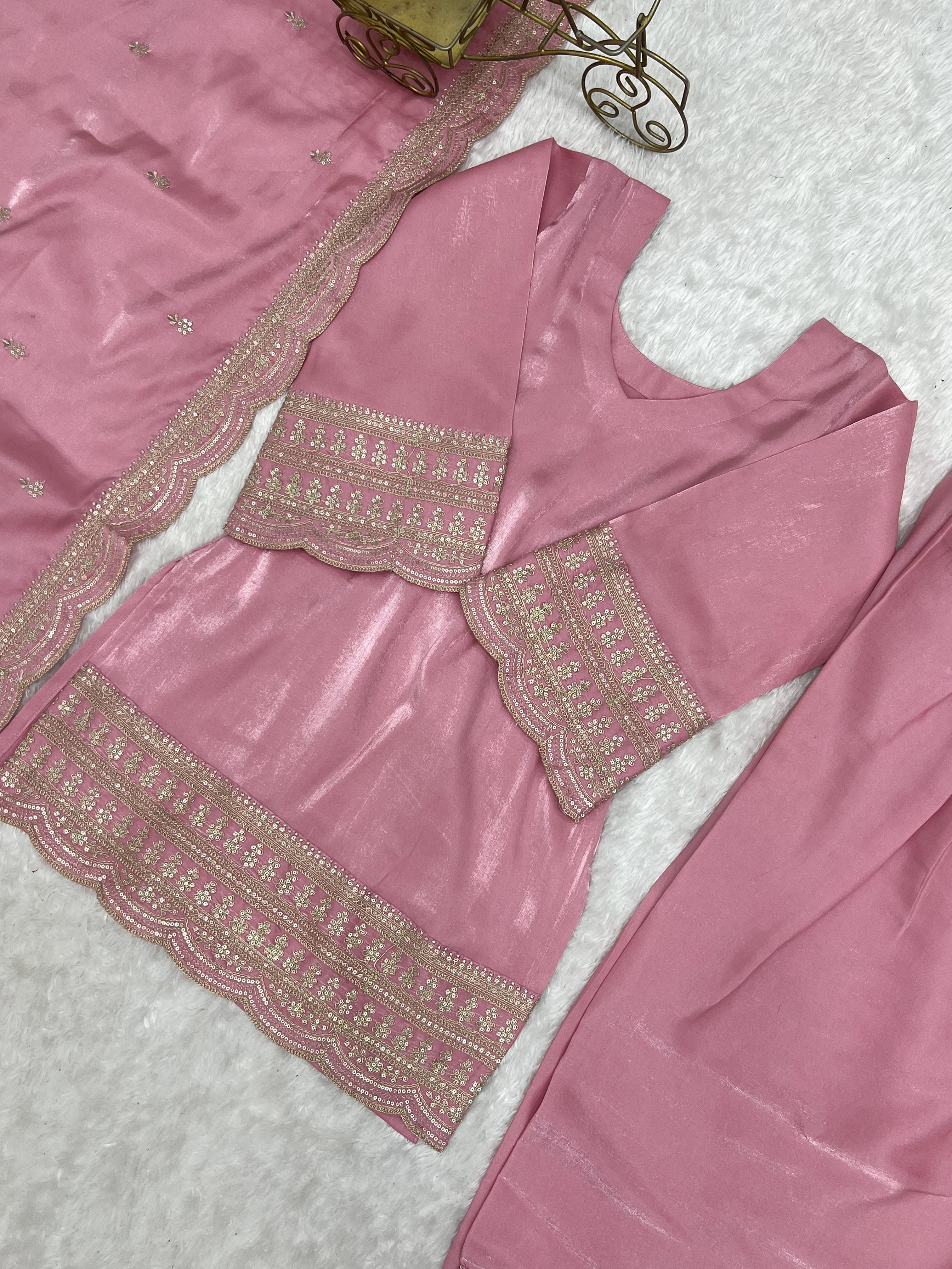 Blush Pink Glass Roman Silk Embroidered Kurta with Farshi Shalwar & Dupatta Set
