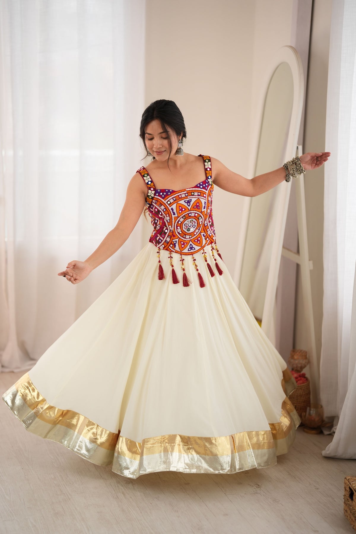 Ivory White & Maroon Mirror Work Rayon Lehenga Choli Set