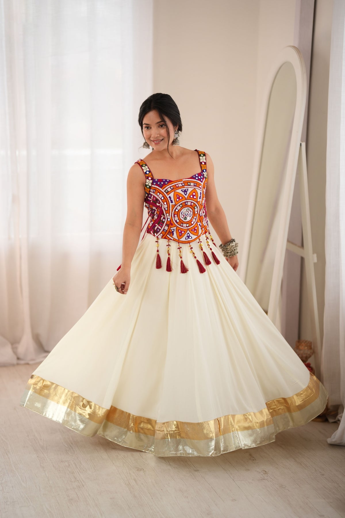 Ivory White & Maroon Mirror Work Rayon Lehenga Choli Set