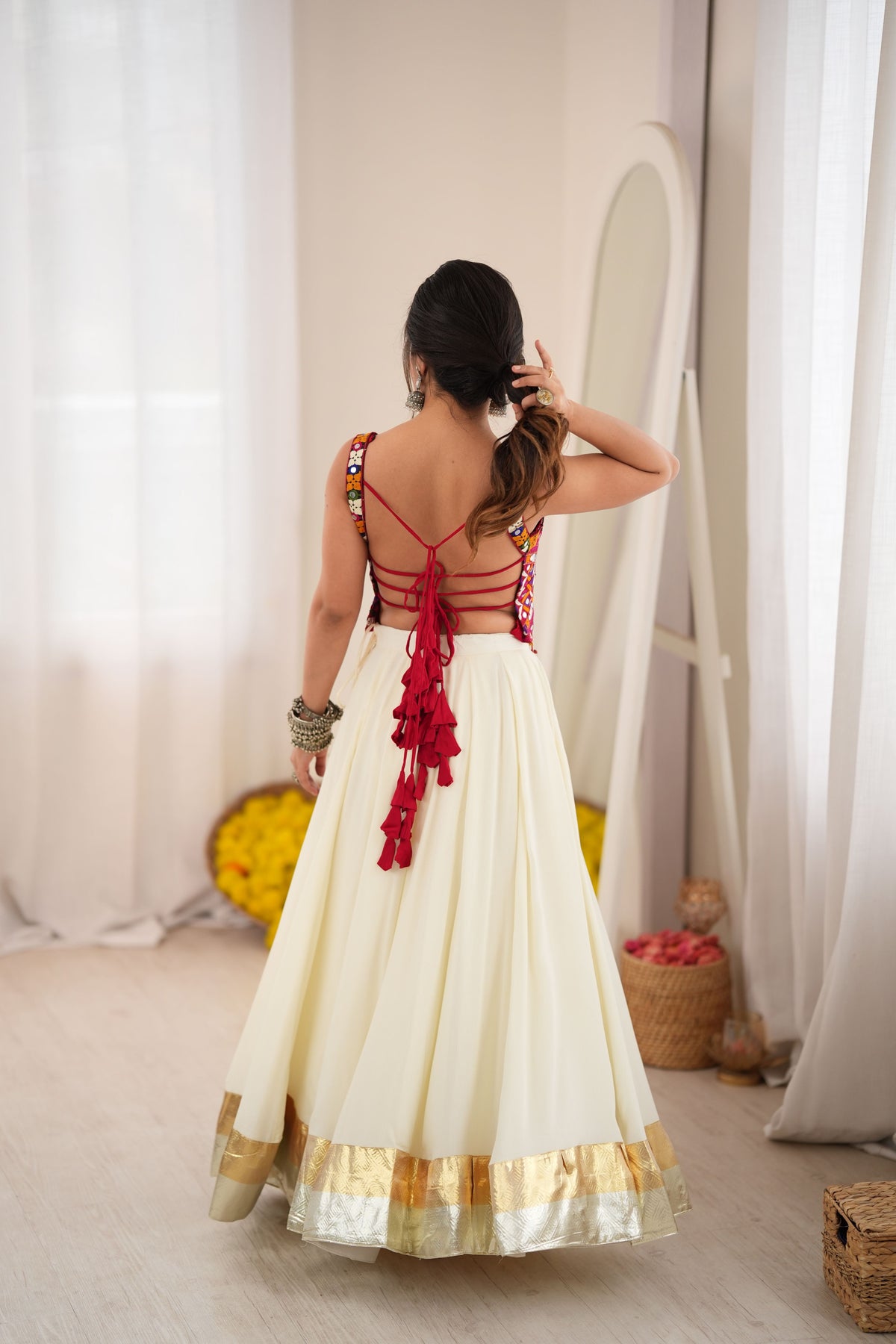 Ivory White & Maroon Mirror Work Rayon Lehenga Choli Set