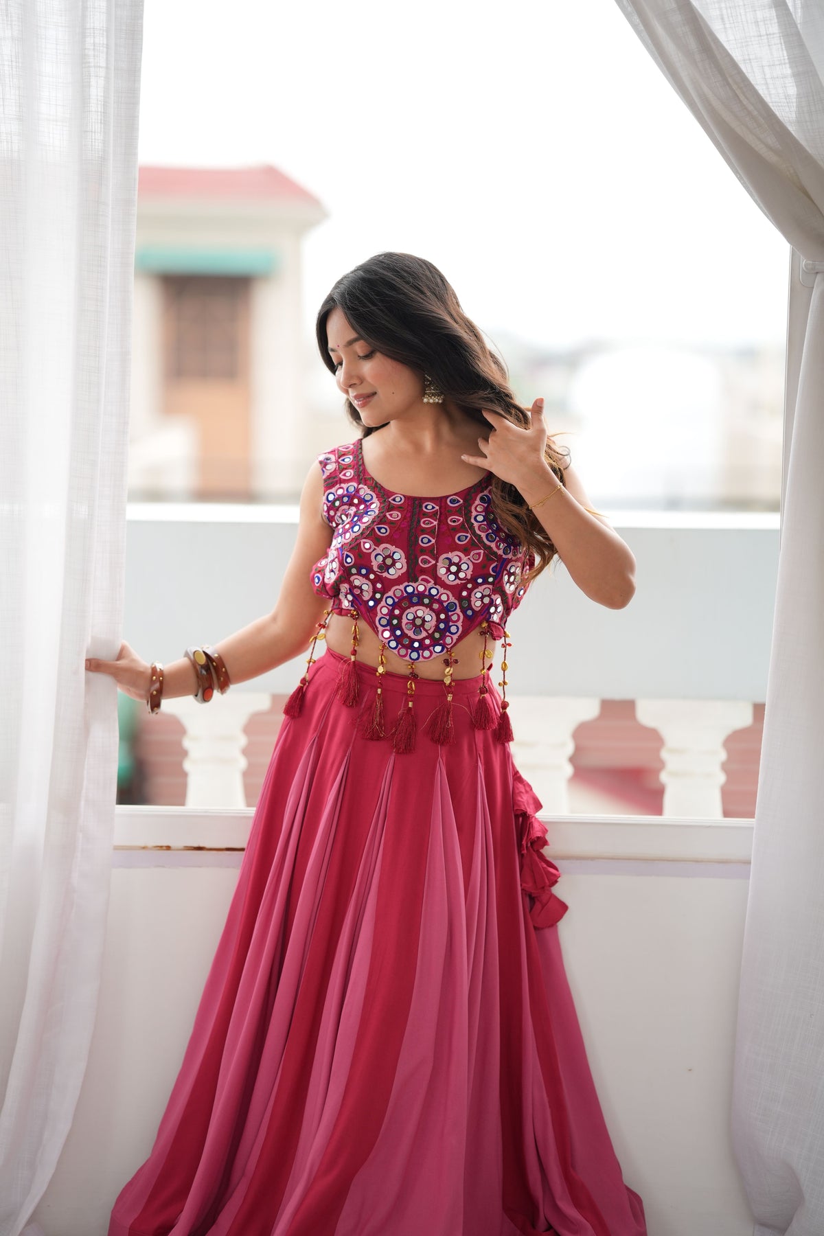 Wine Pink & Rose Pink Heavy Rayon Mirror Work Lehenga Choli