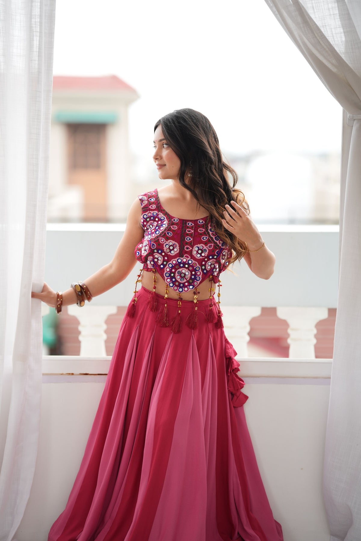 Wine Pink & Rose Pink Heavy Rayon Mirror Work Lehenga Choli