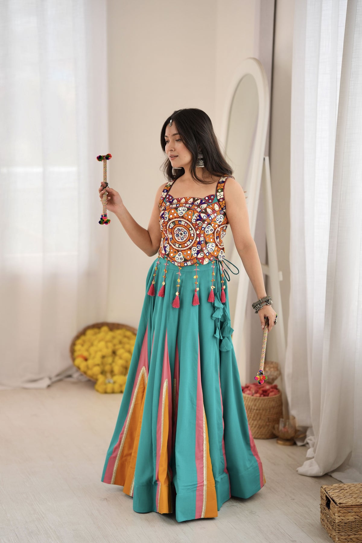 Teal Green Designer Lehenga Choli with Mirror Work, Thread Work & 6 Meter Flair