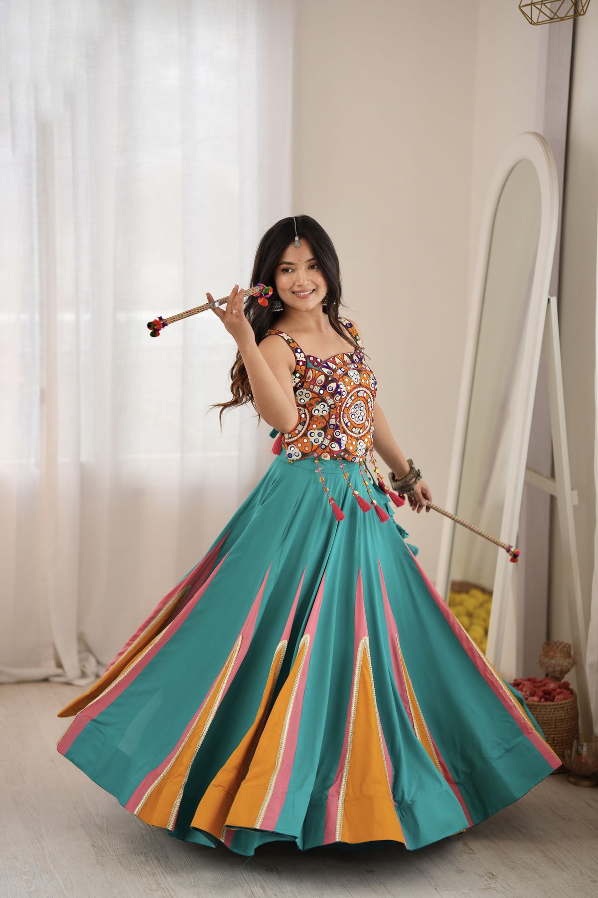 Teal Green Designer Lehenga Choli with Mirror Work, Thread Work & 6 Meter Flair