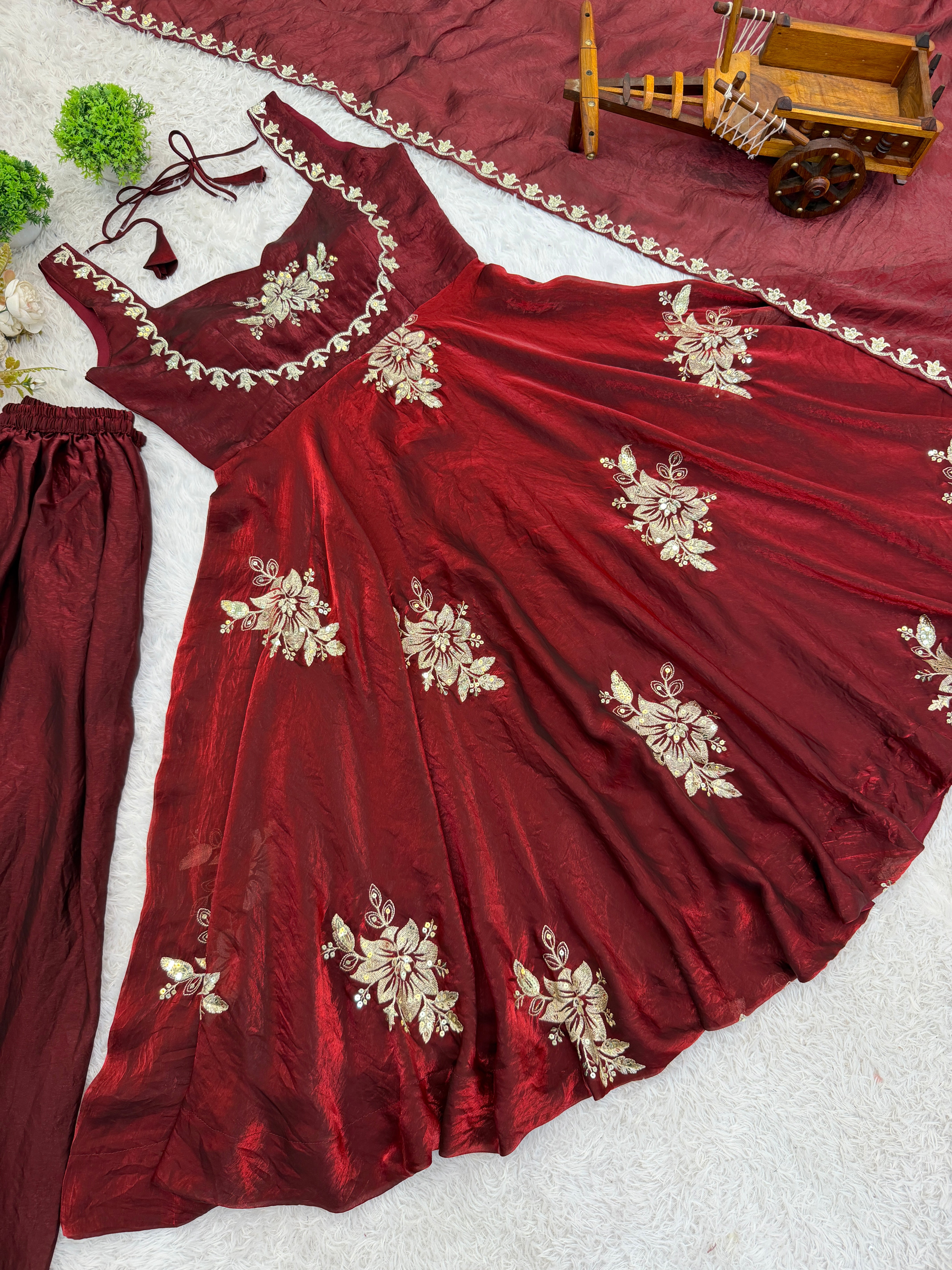Buy Luxury Fendy Silk Embroidered Gown Sharara Set Online USA | Ready to Wear Indian Outfit