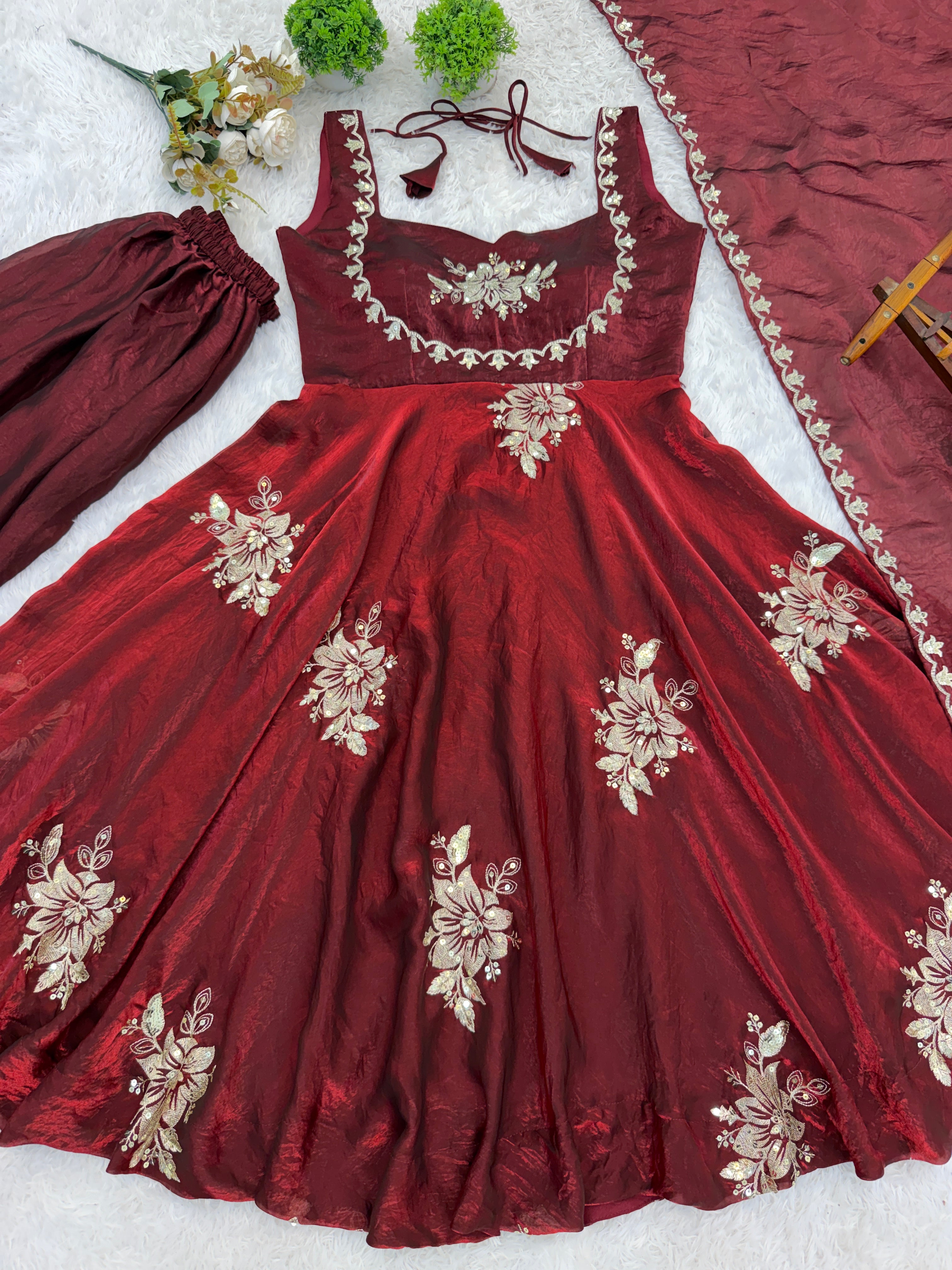 Buy Luxury Fendy Silk Embroidered Gown Sharara Set Online USA | Ready to Wear Indian Outfit