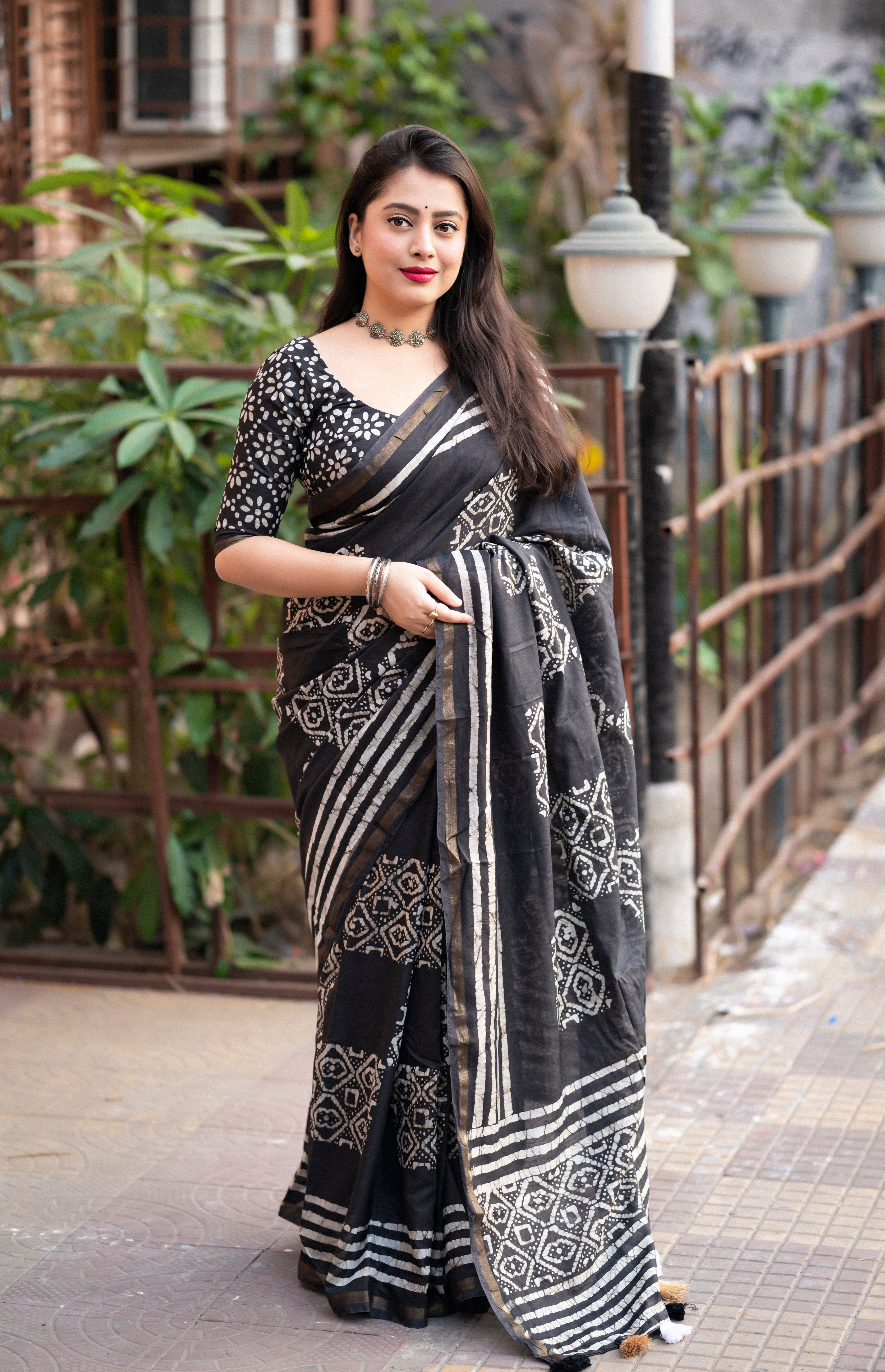 Black Pure Cotton Handblock Batik Print Sari