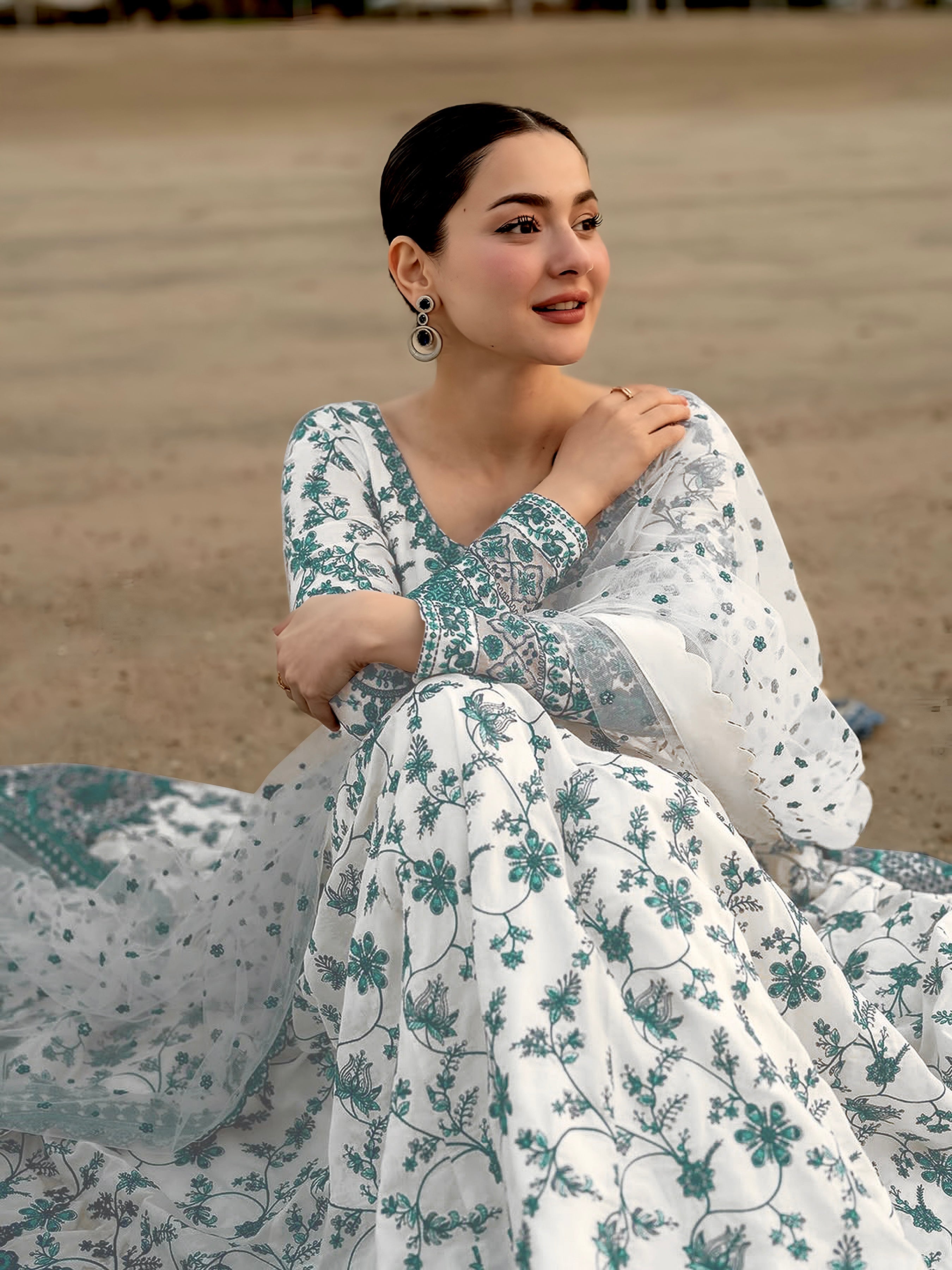 White & Teal Blue Heavy Embroidered Faux Georgette Anarkali Gown Set with Organza Dupatta