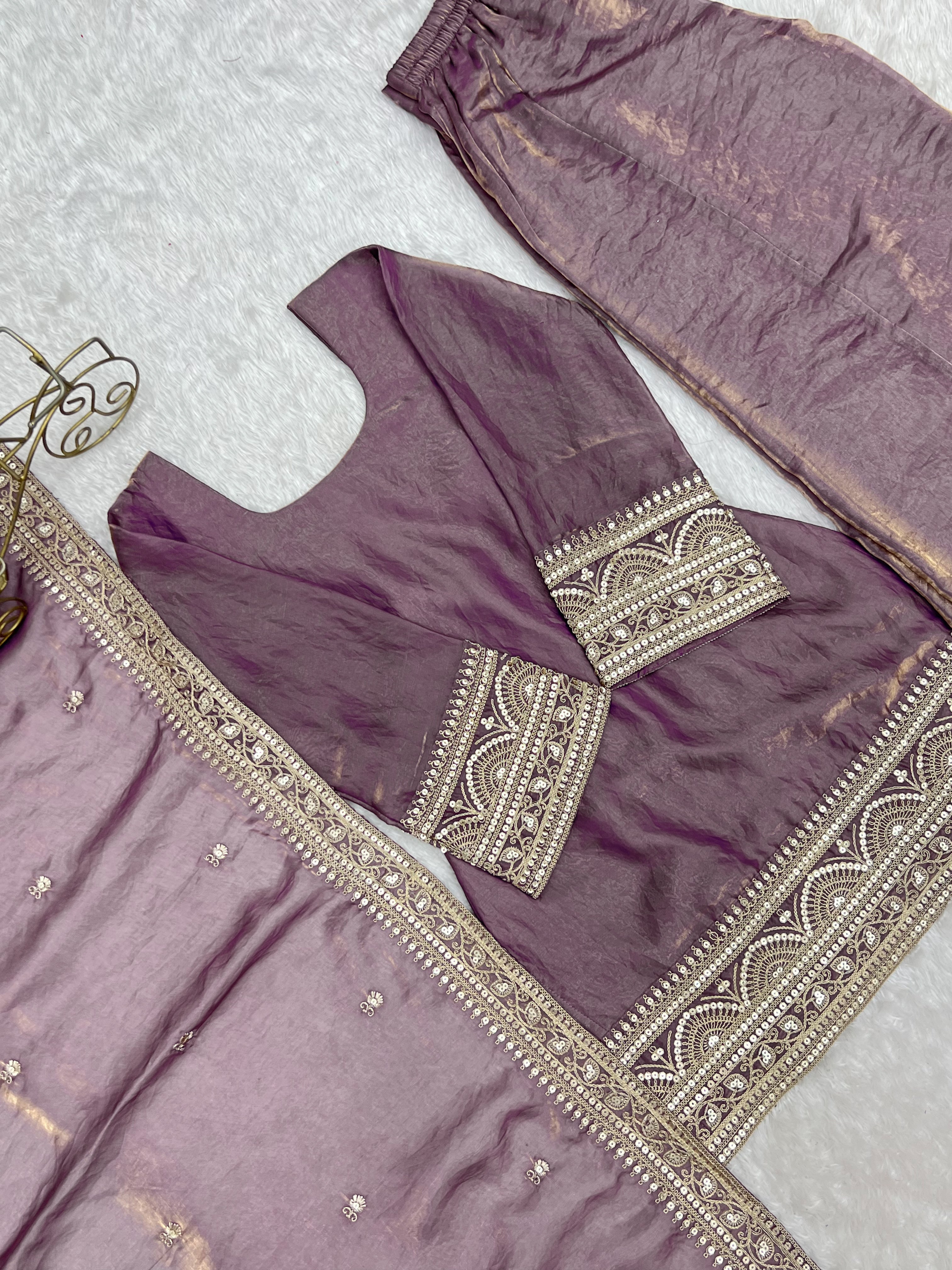 Dusty Lavender Frendy Silk Kurta Palazzo Set with Embroidered Dupatta