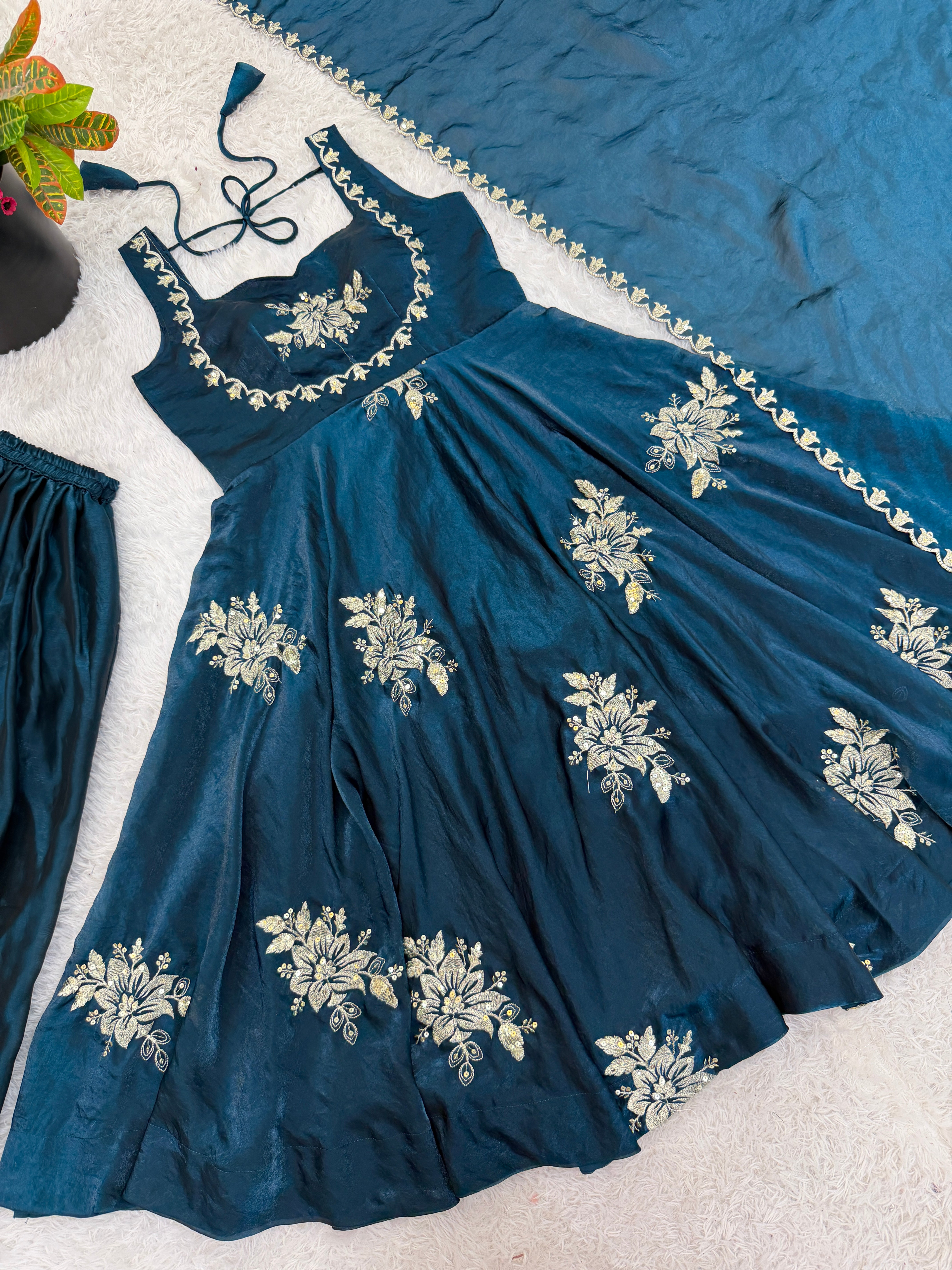 Buy Teal Color Luxury Gown Sharara Set Online USA | Ready to Wear Indian Outfit