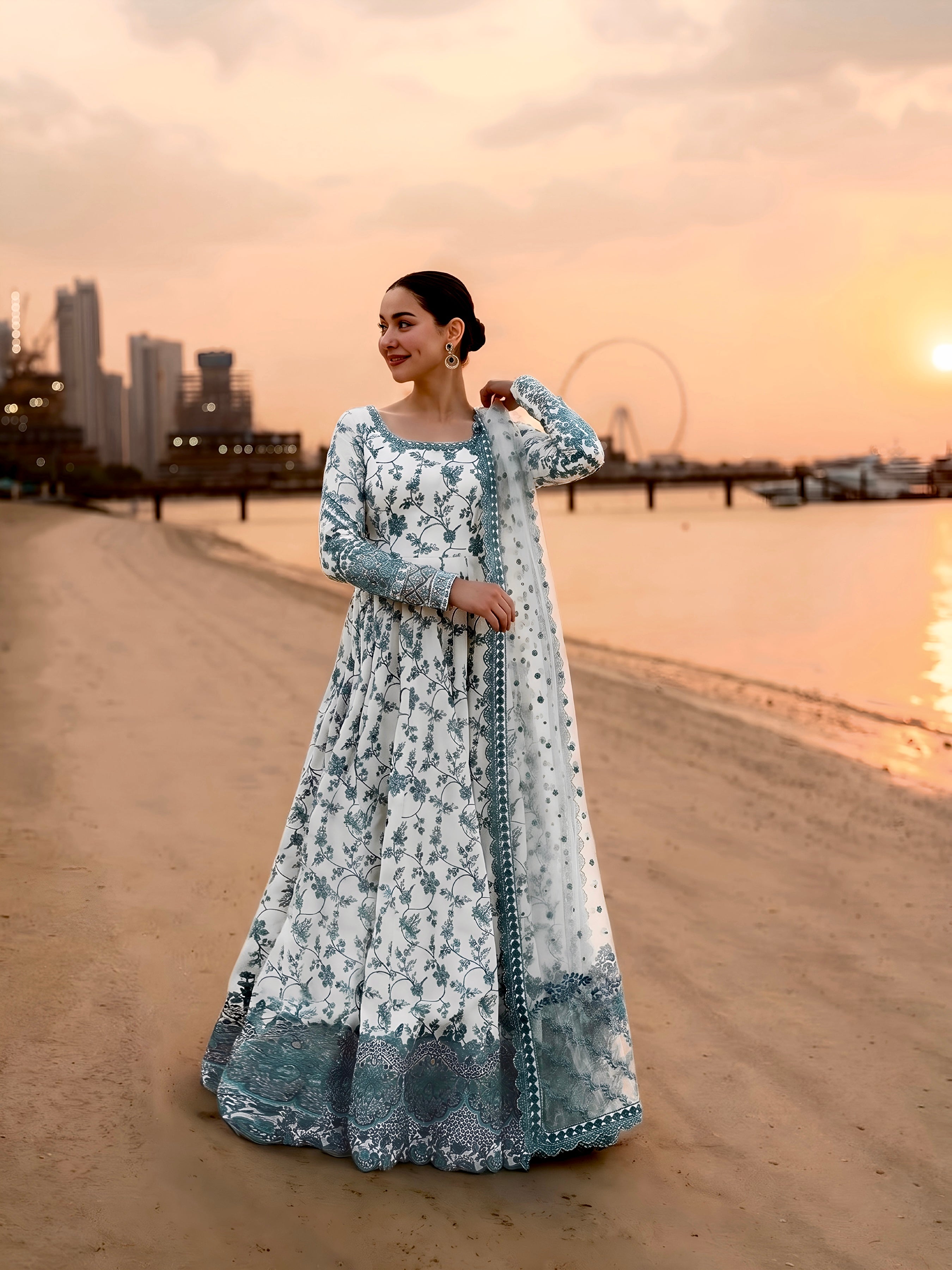 White & Teal Blue Heavy Embroidered Faux Georgette Anarkali Gown Set with Organza Dupatta