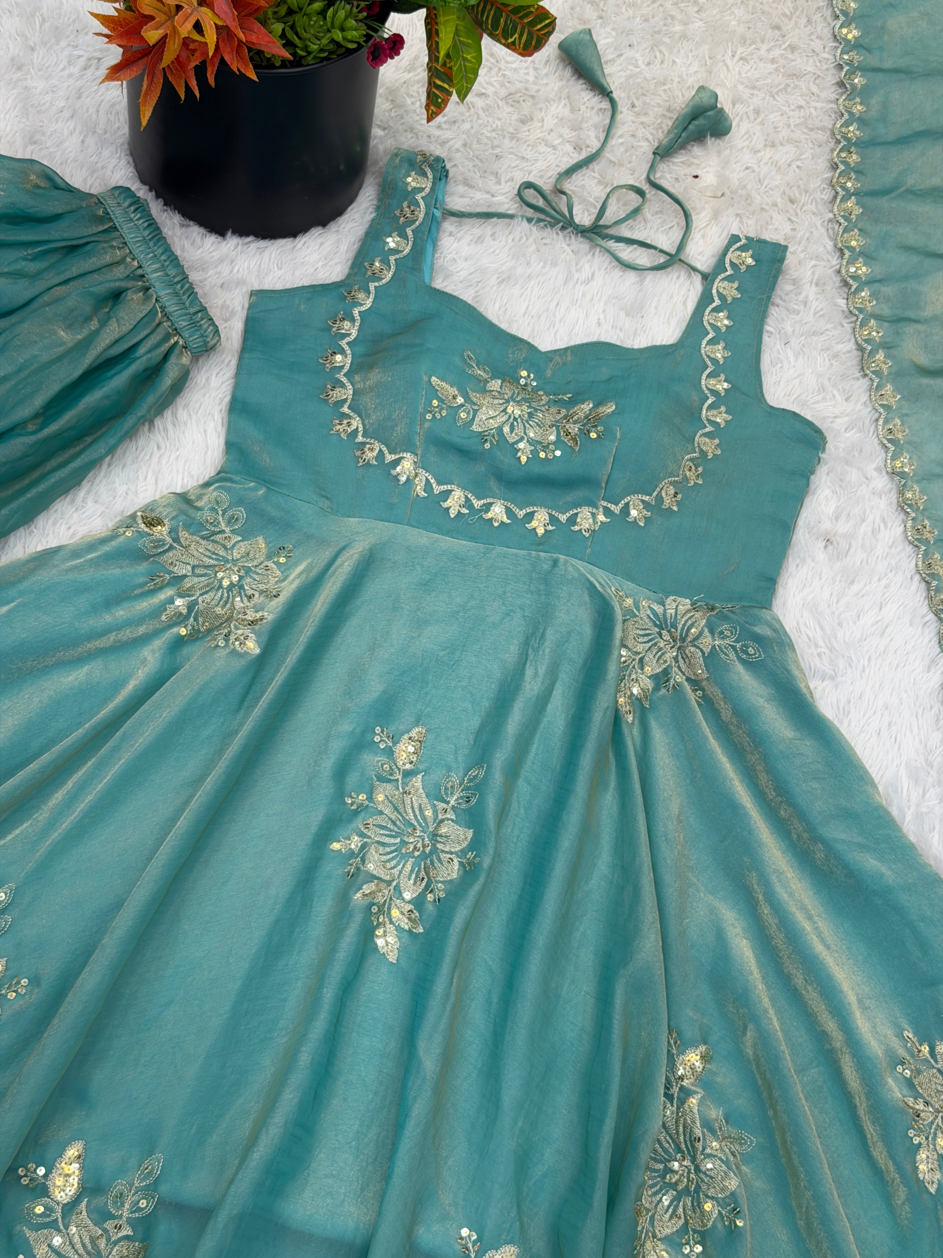 Buy Sky Color Luxury Gown Sharara Set Online USA | Ready to Wear Indian Outfit