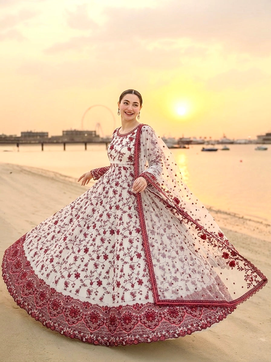 White & Wine Red Heavy Embroidered Faux Georgette Anarkali Gown Set with Organza Dupatta