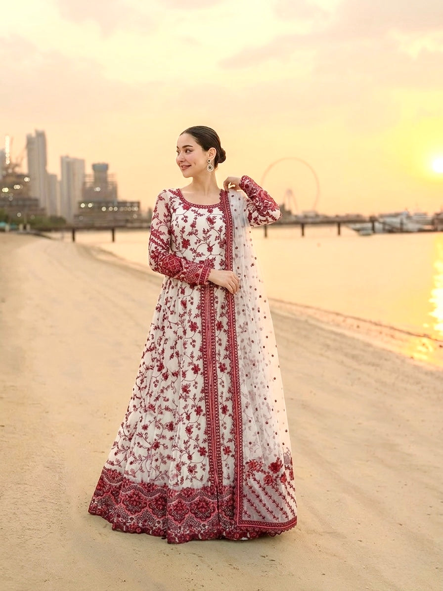 White & Wine Red Heavy Embroidered Faux Georgette Anarkali Gown Set with Organza Dupatta