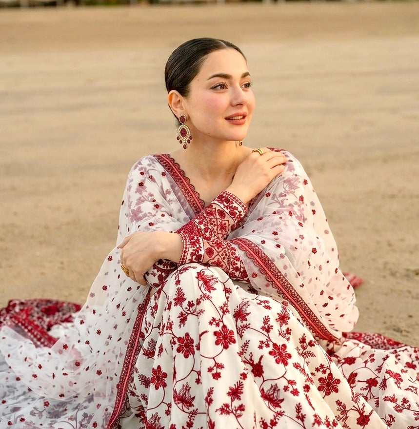 White & Wine Red Heavy Embroidered Faux Georgette Anarkali Gown Set with Organza Dupatta
