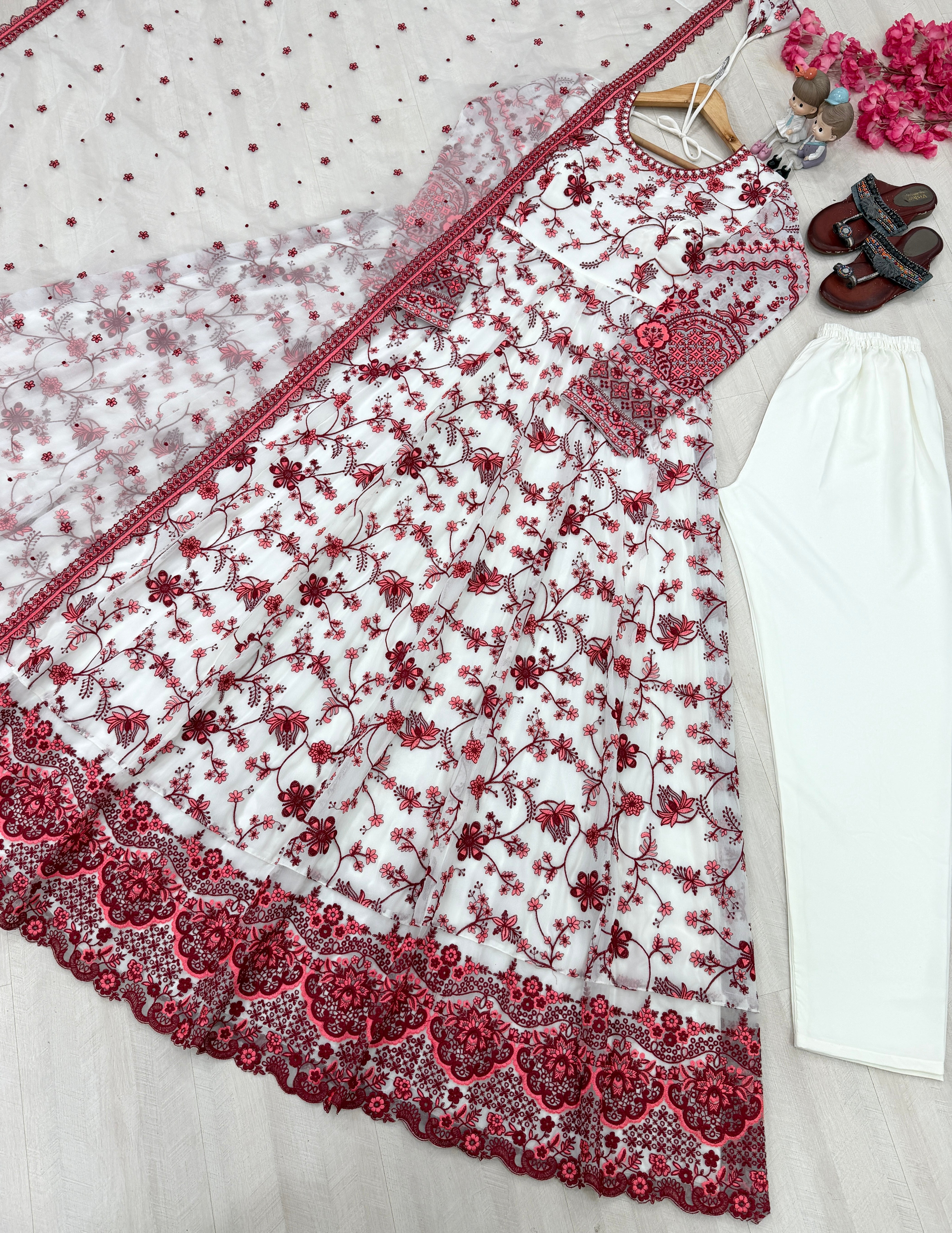 White & Wine Red Heavy Embroidered Faux Georgette Anarkali Gown Set with Organza Dupatta