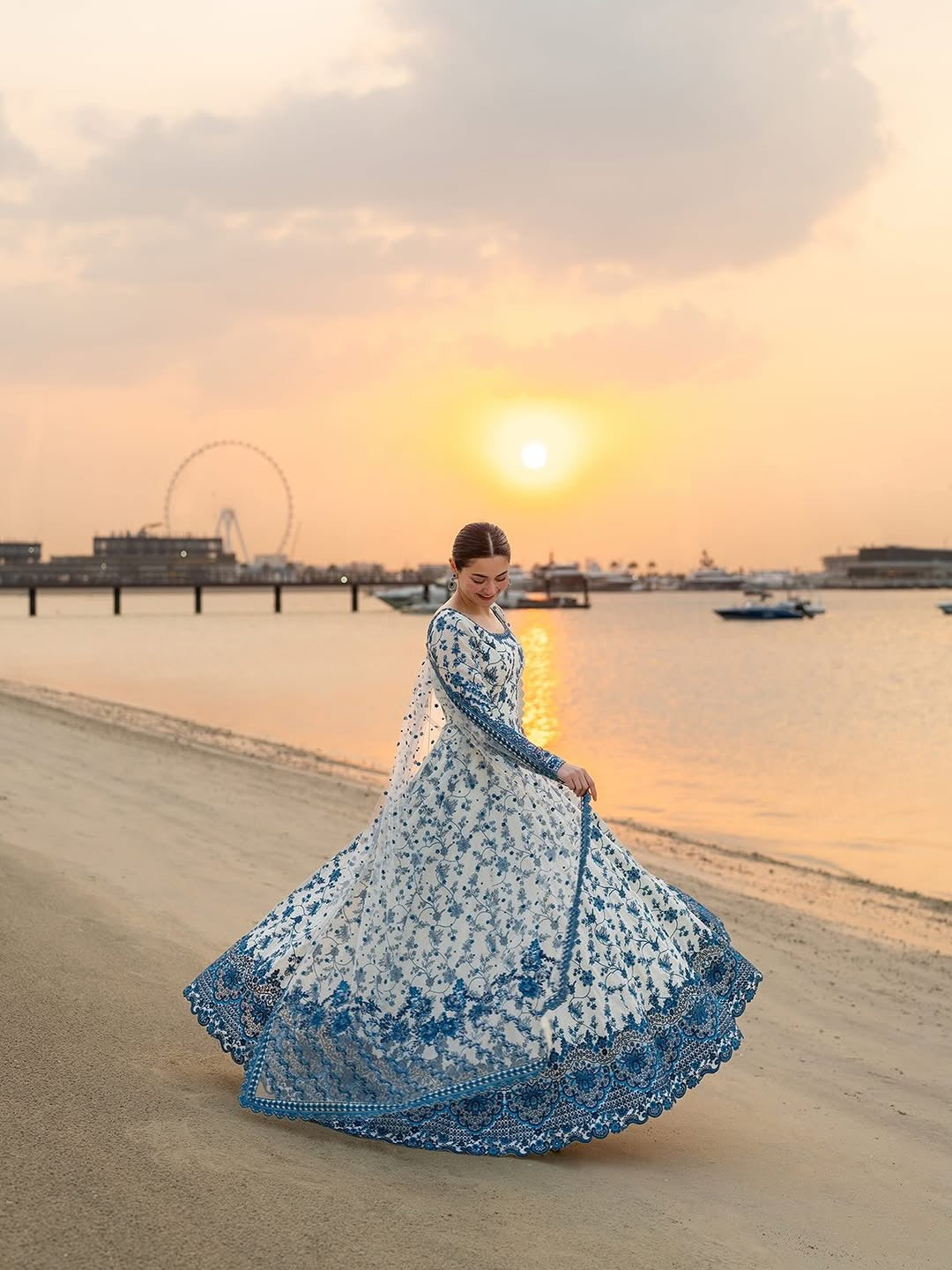 White & Royal Blue Heavy Embroidered Faux Georgette Anarkali Suit Set with Organza Dupatta
