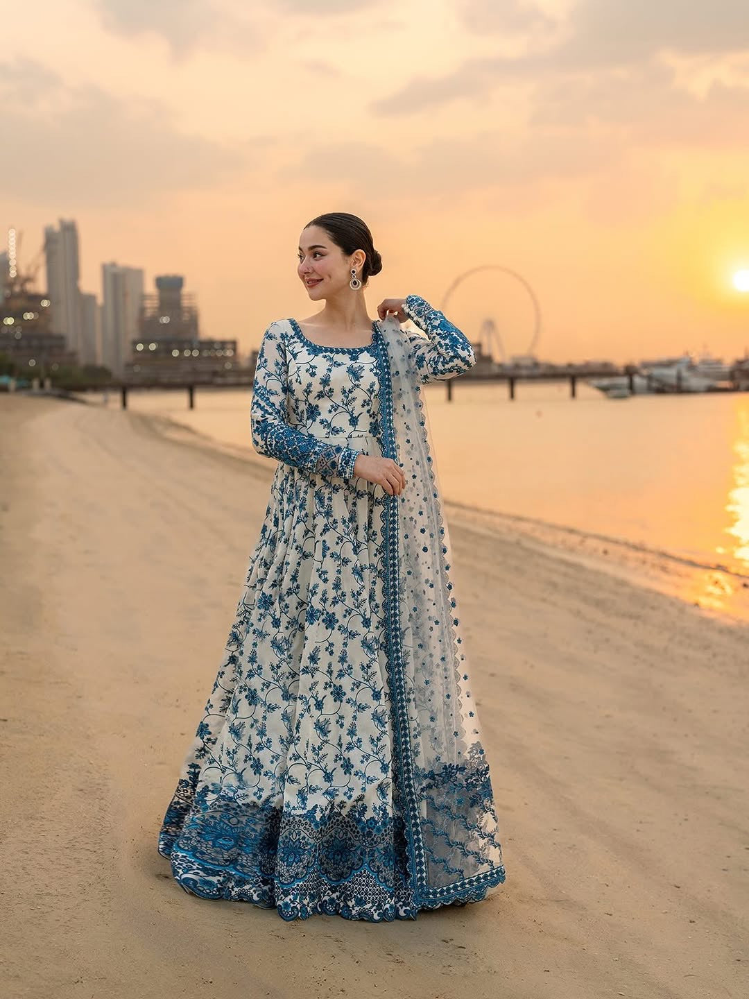 White & Royal Blue Heavy Embroidered Faux Georgette Anarkali Suit Set with Organza Dupatta