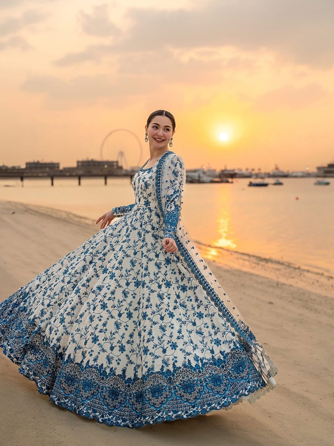 White & Royal Blue Heavy Embroidered Faux Georgette Anarkali Suit Set with Organza Dupatta
