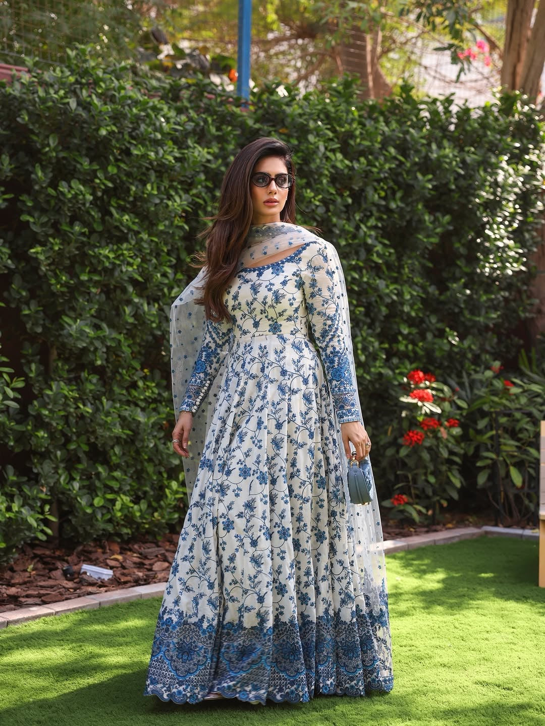 White & Royal Blue Heavy Embroidered Faux Georgette Anarkali Suit Set with Organza Dupatta