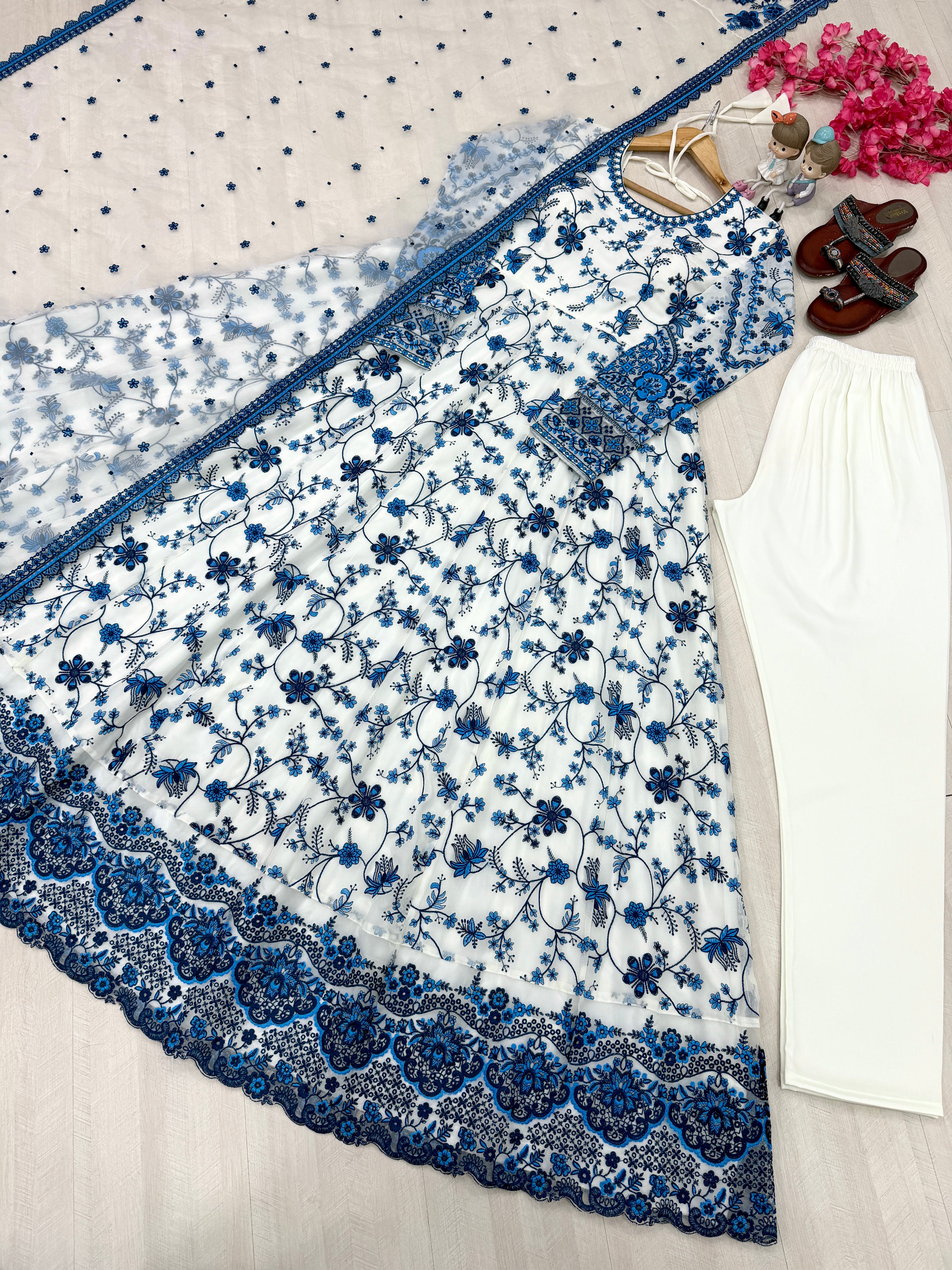 White & Royal Blue Heavy Embroidered Faux Georgette Anarkali Suit Set with Organza Dupatta