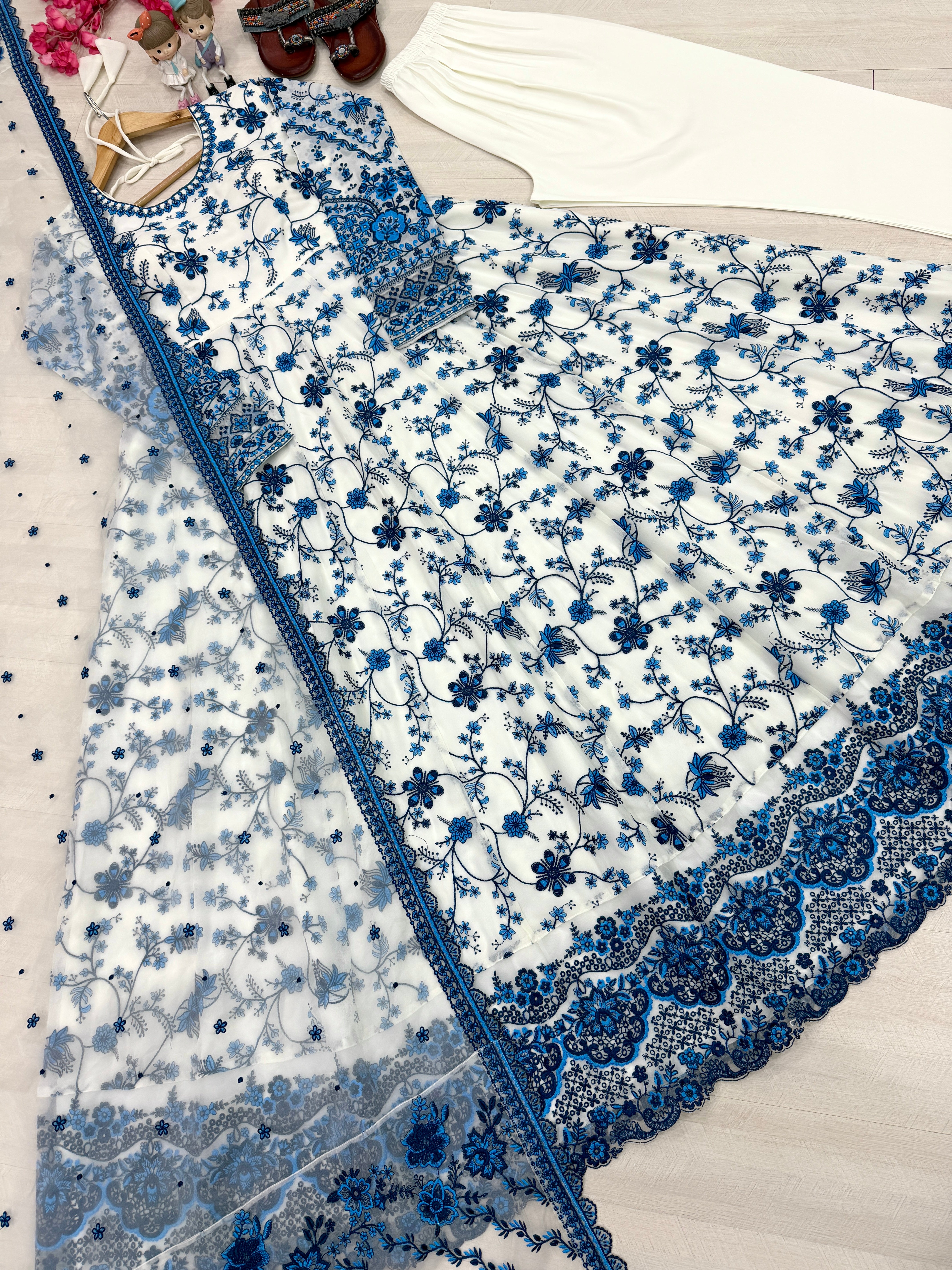 White & Royal Blue Heavy Embroidered Faux Georgette Anarkali Suit Set with Organza Dupatta