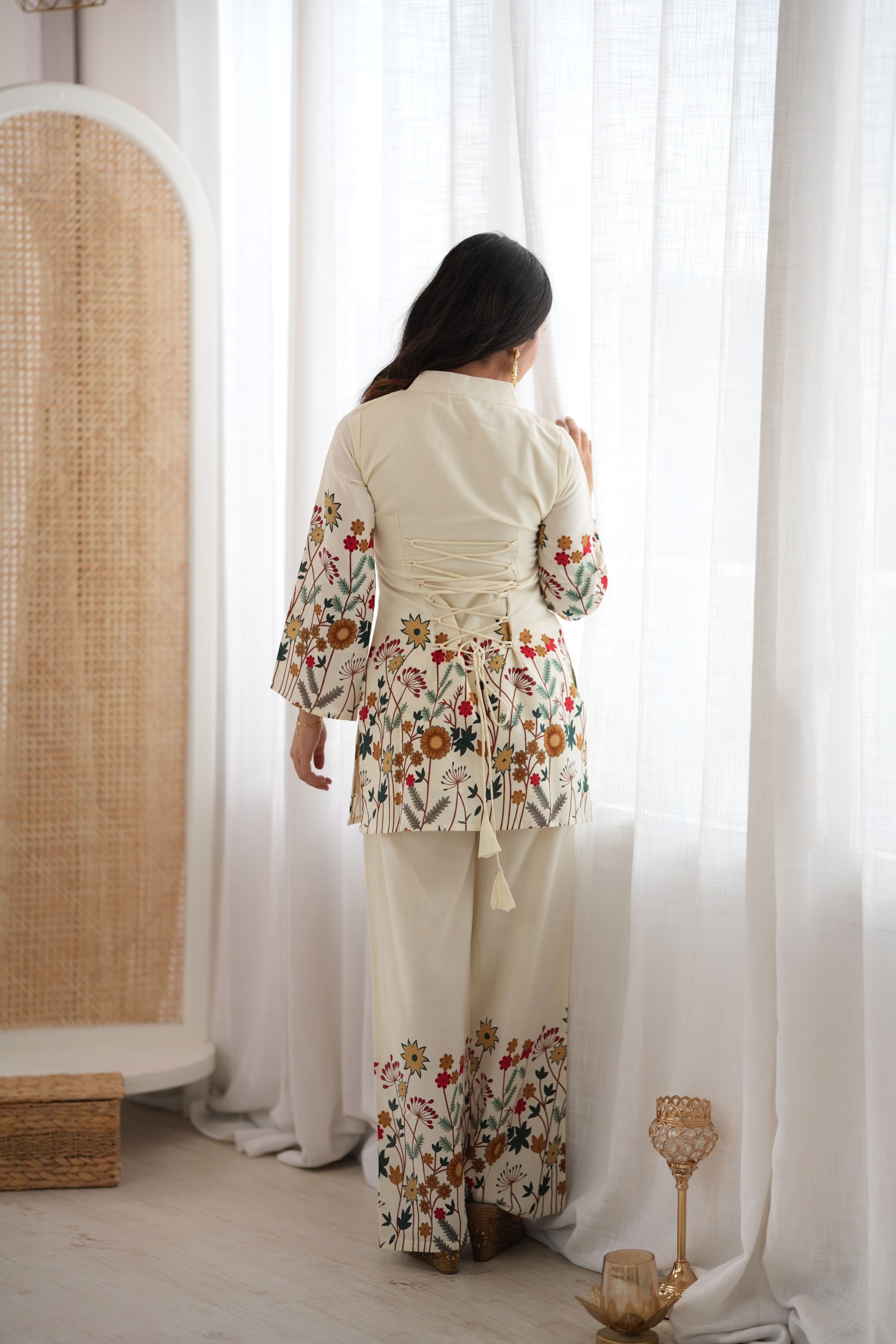 Cream Floral Printed Magic Slub Cotton Co-ord Set | Rakhi Special