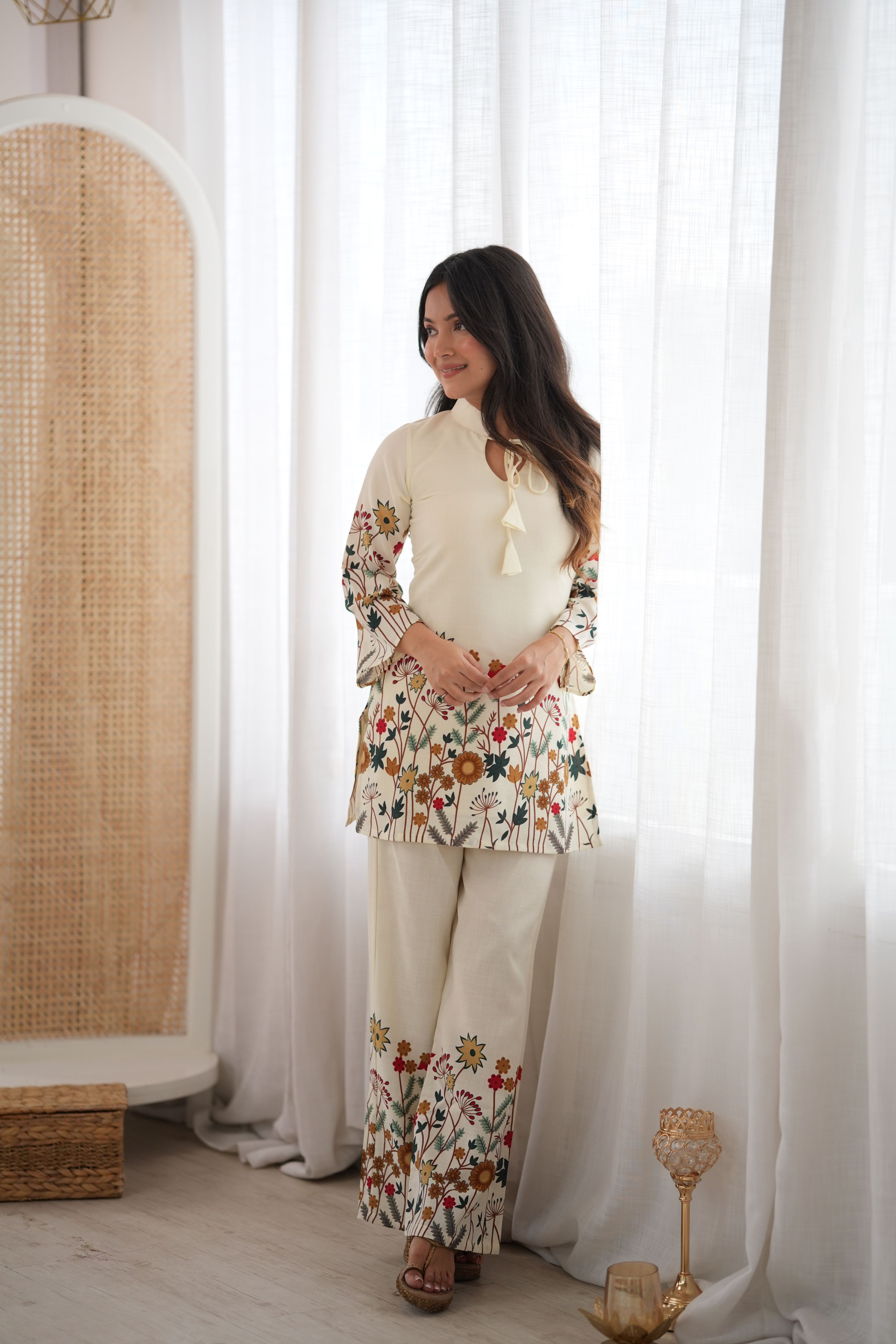 Cream Floral Printed Magic Slub Cotton Co-ord Set | Rakhi Special