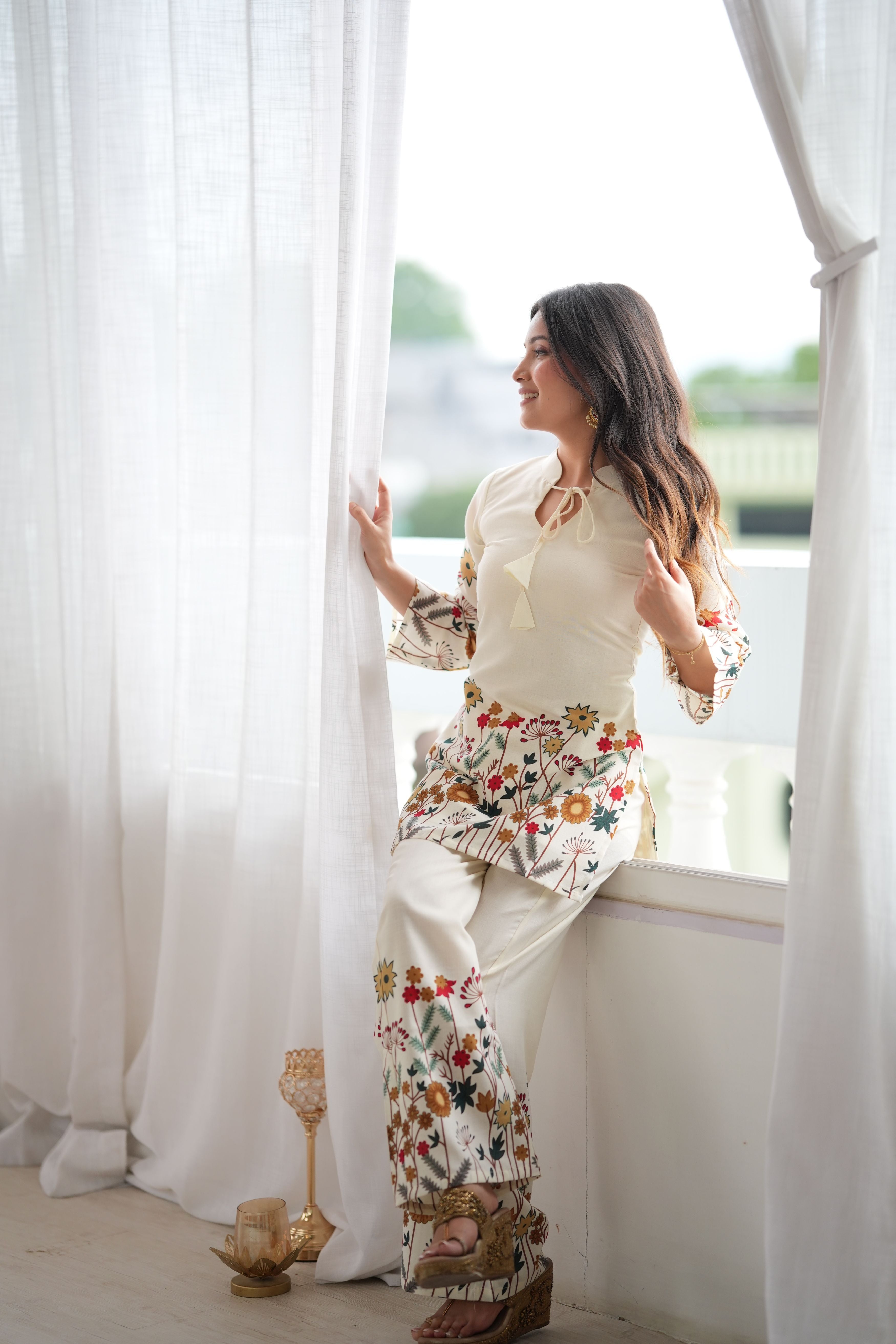 Cream Floral Printed Magic Slub Cotton Co-ord Set | Rakhi Special