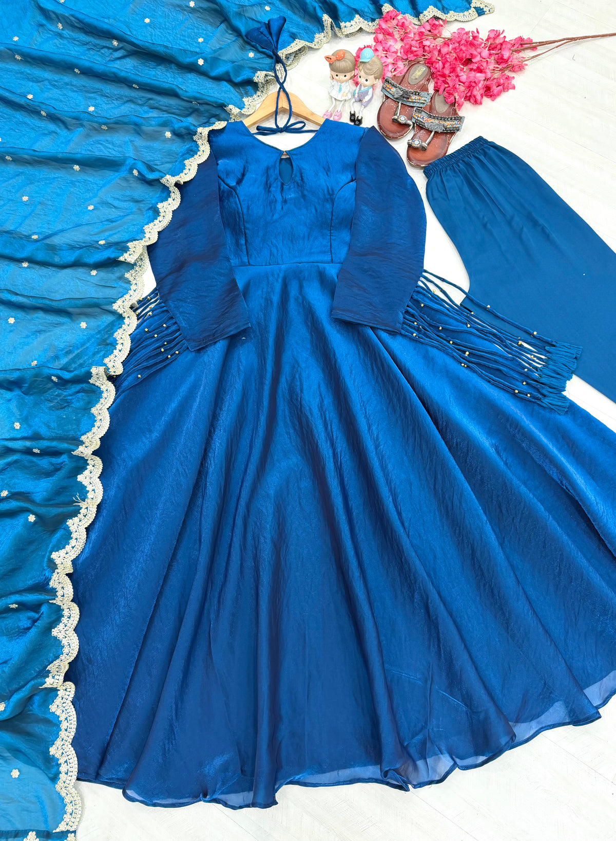 Royal Blue Fandy Crush Silk Anarkali Gown Set with Sequin Dupatta & Palazzo