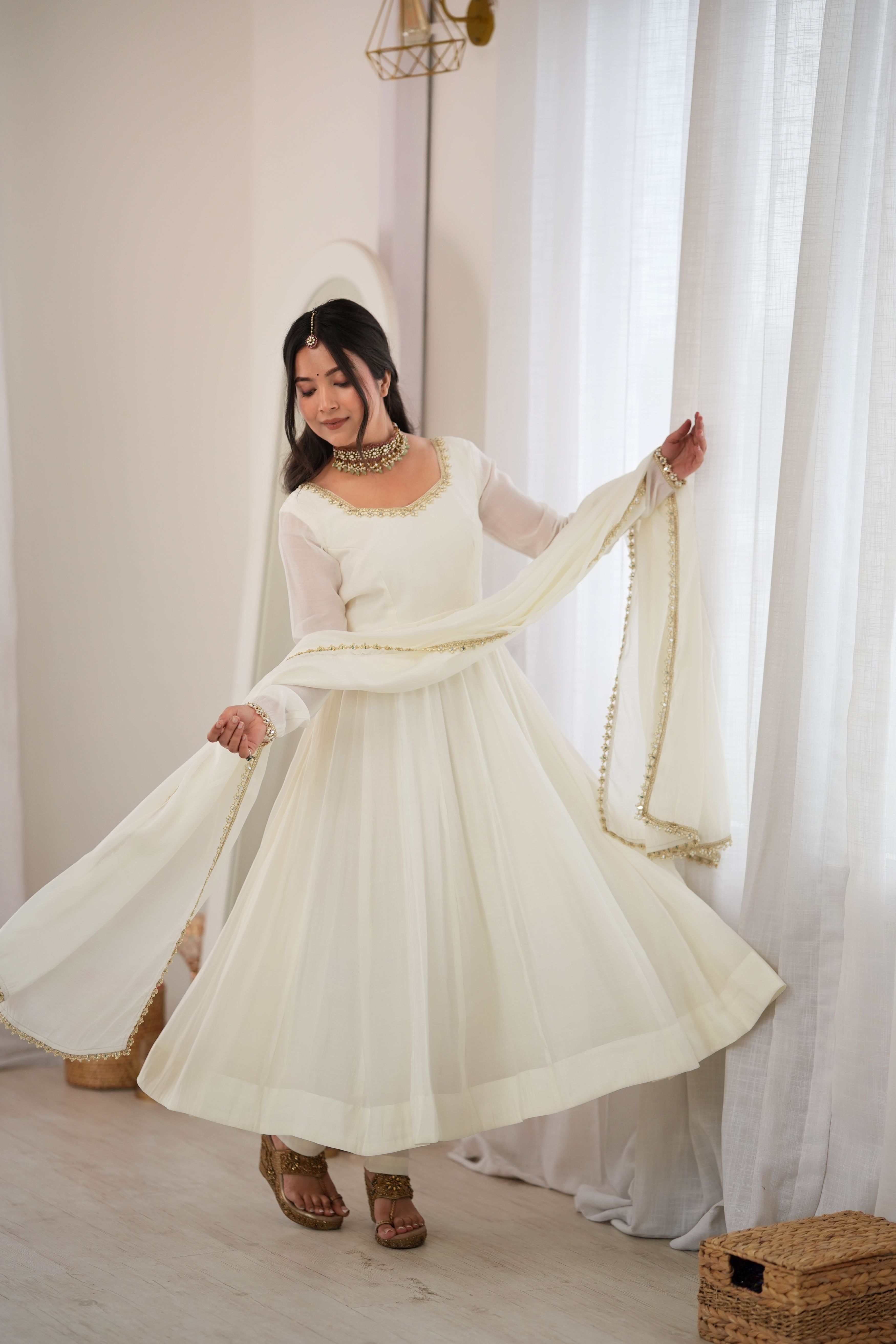 Ivory White Premium Mal Chanderi Anarkali Suit Set with Mirror Work & Dupatta