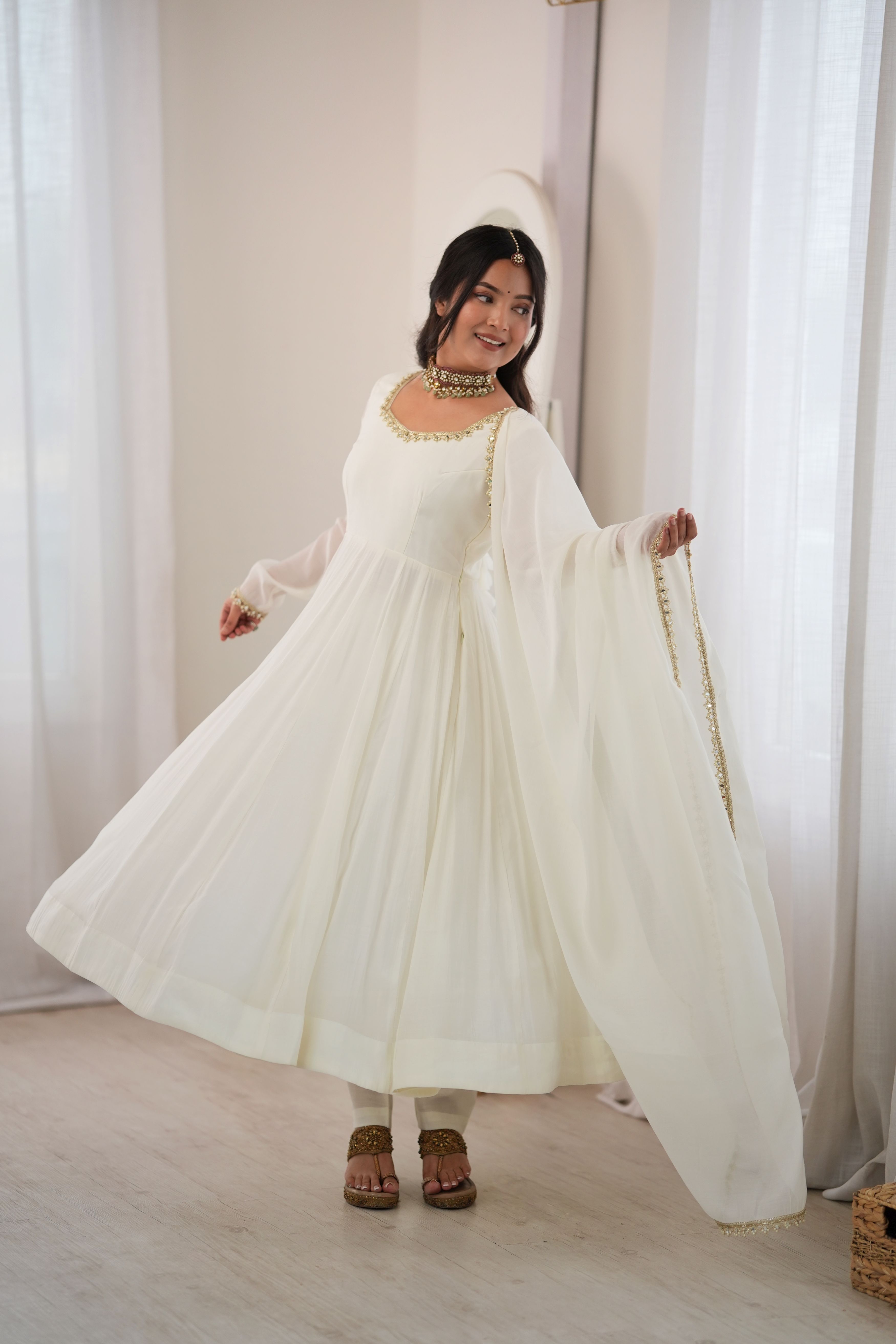 Ivory White Premium Mal Chanderi Anarkali Suit Set with Mirror Work & Dupatta