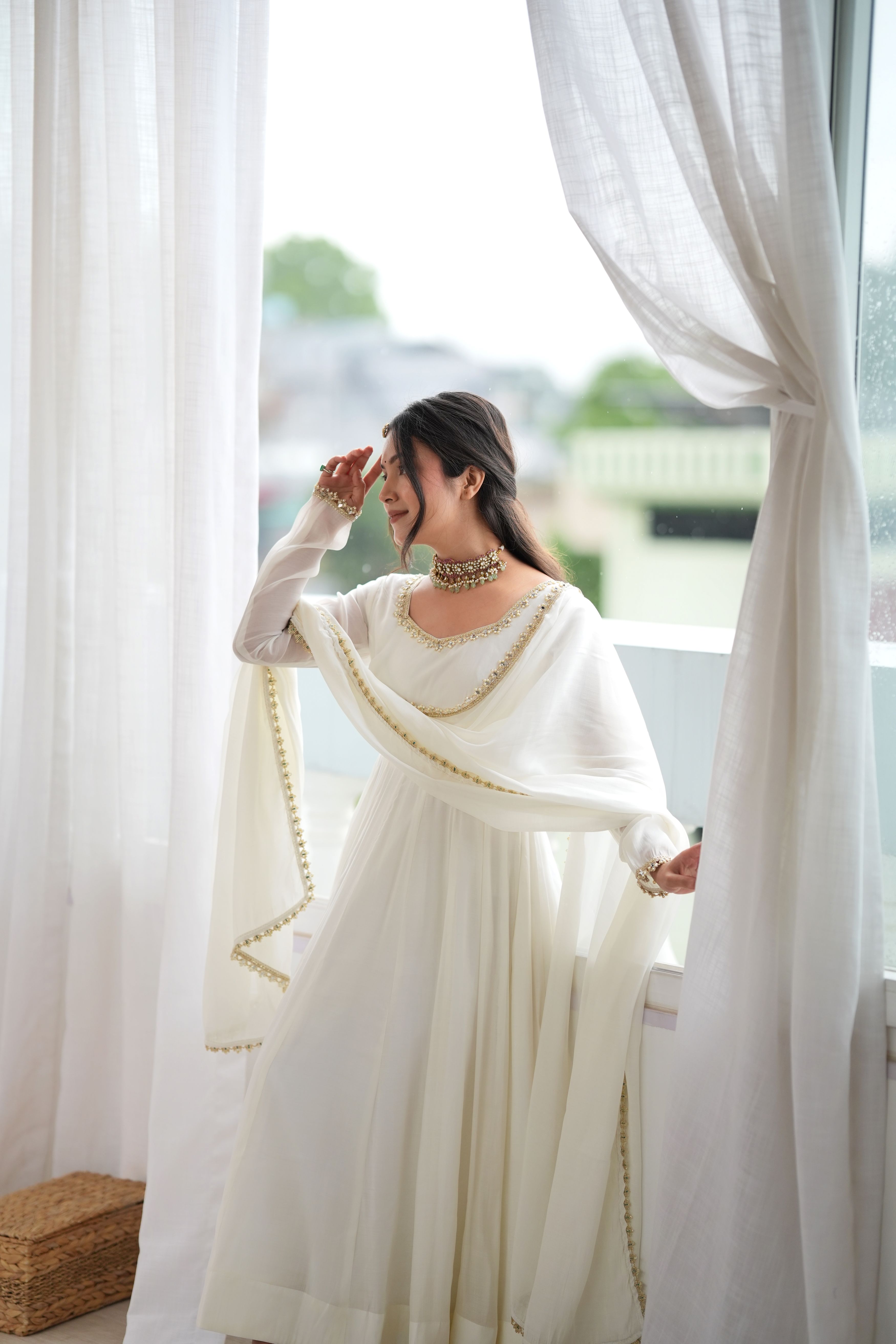 Ivory White Premium Mal Chanderi Anarkali Suit Set with Mirror Work & Dupatta