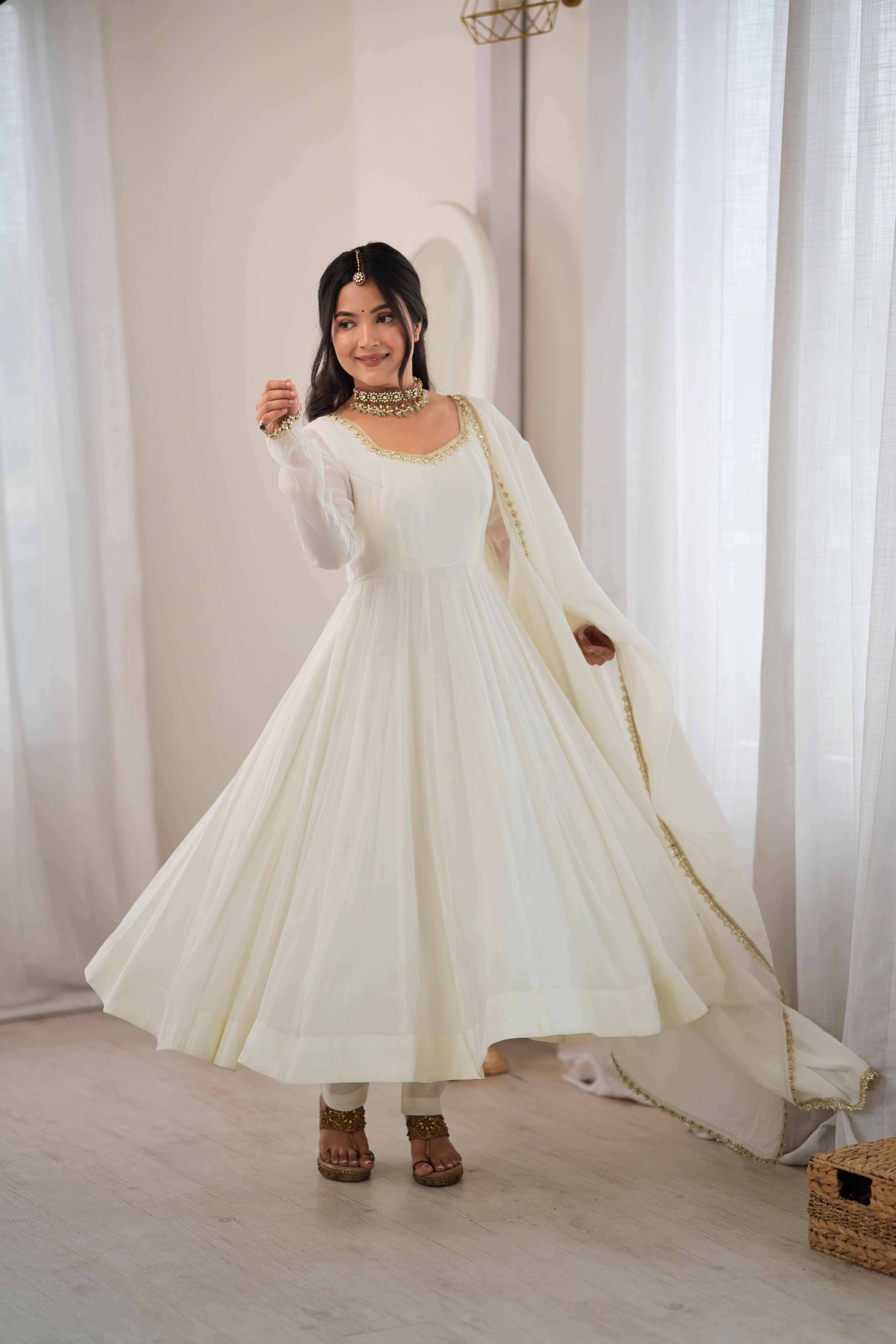 Ivory White Premium Mal Chanderi Anarkali Suit Set with Mirror Work & Dupatta