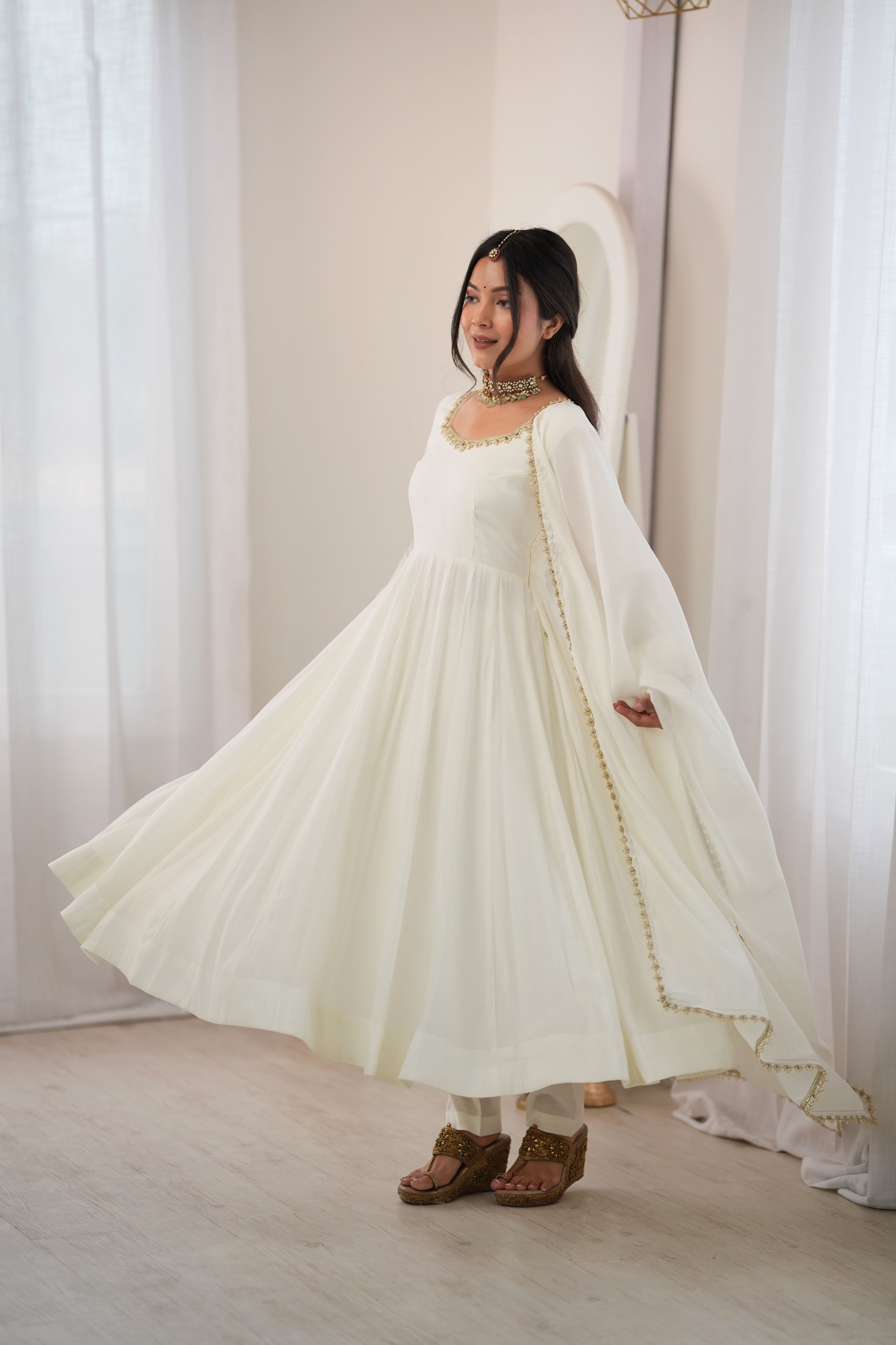 Ivory White Premium Mal Chanderi Anarkali Suit Set with Mirror Work & Dupatta