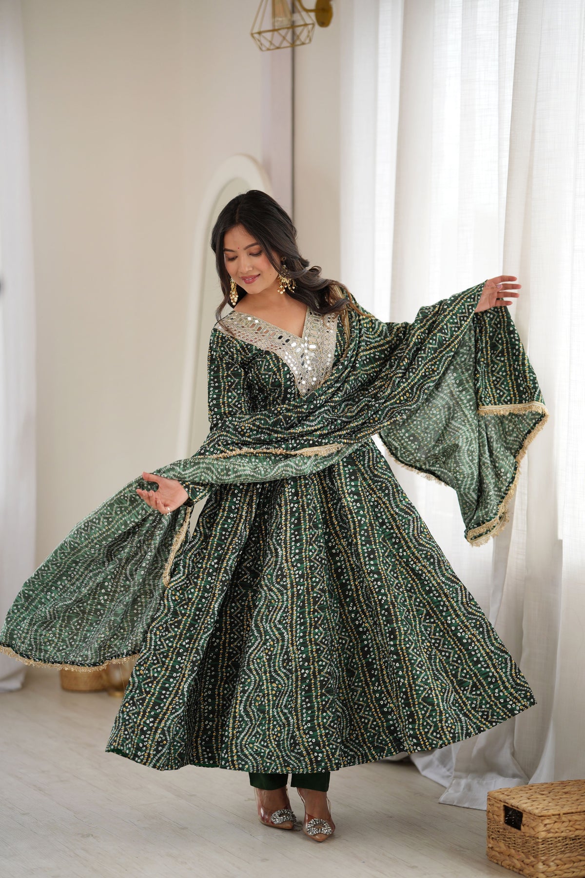 Bottle Green Rayon Mirror Embroidered Anarkali Gown Set with Dupatta