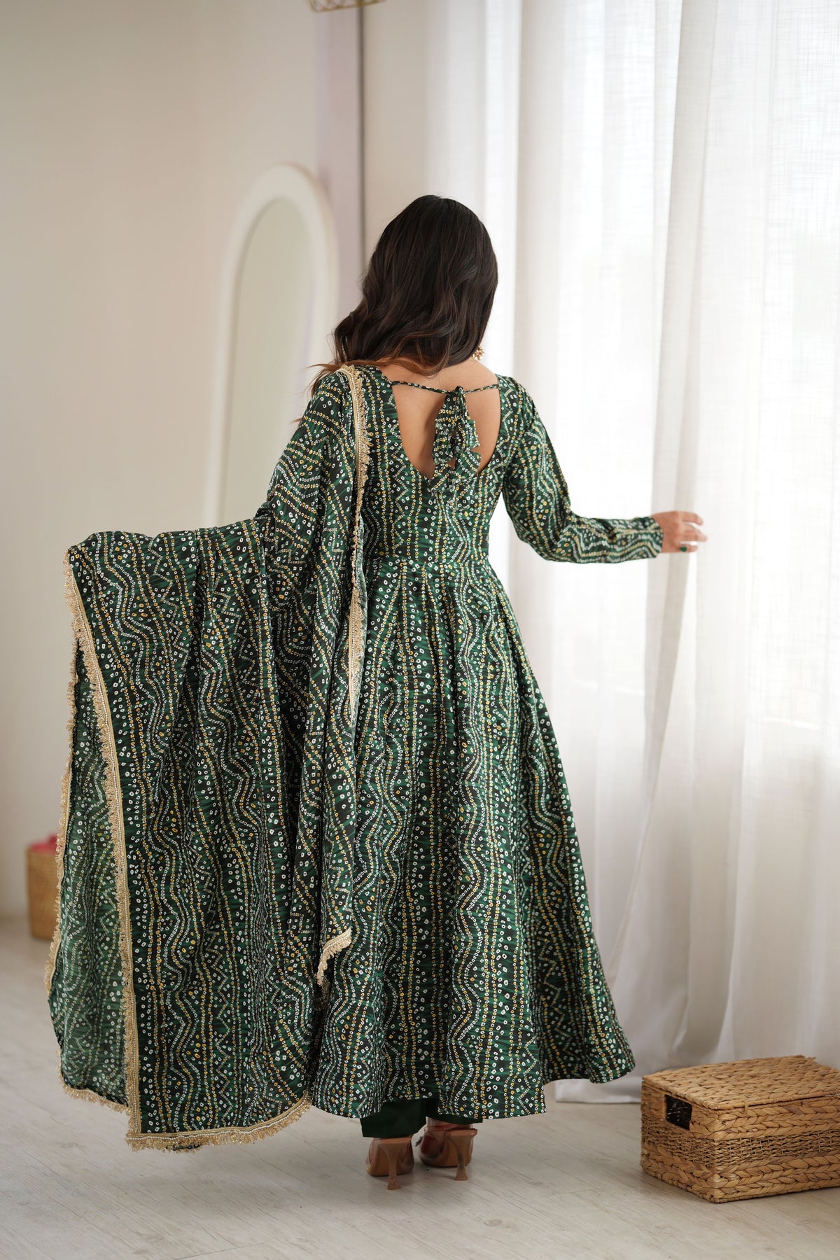 Bottle Green Rayon Mirror Embroidered Anarkali Gown Set with Dupatta