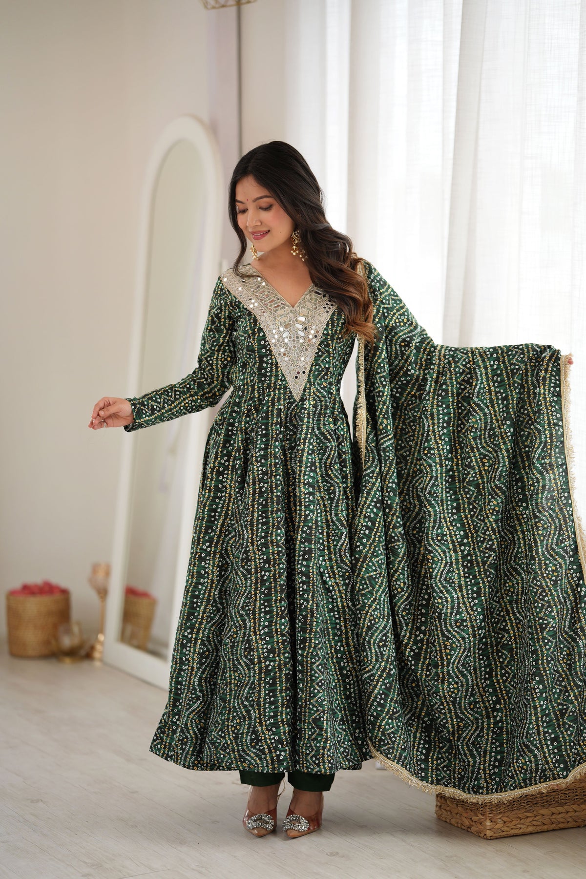 Bottle Green Rayon Mirror Embroidered Anarkali Gown Set with Dupatta