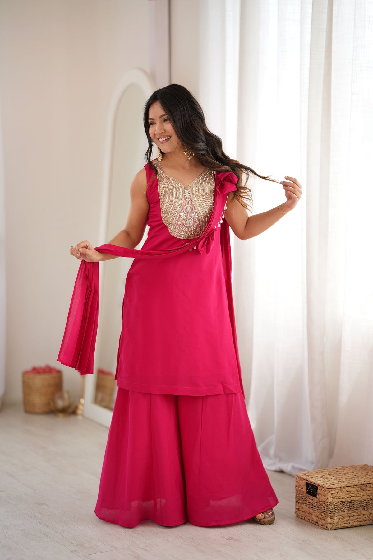 Wine Magenta Roman Silk Mirror Work Kurta Palazzo Set with Bow Dupatta