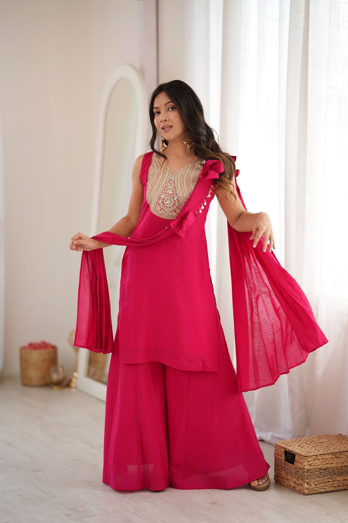 Wine Magenta Roman Silk Mirror Work Kurta Palazzo Set with Bow Dupatta