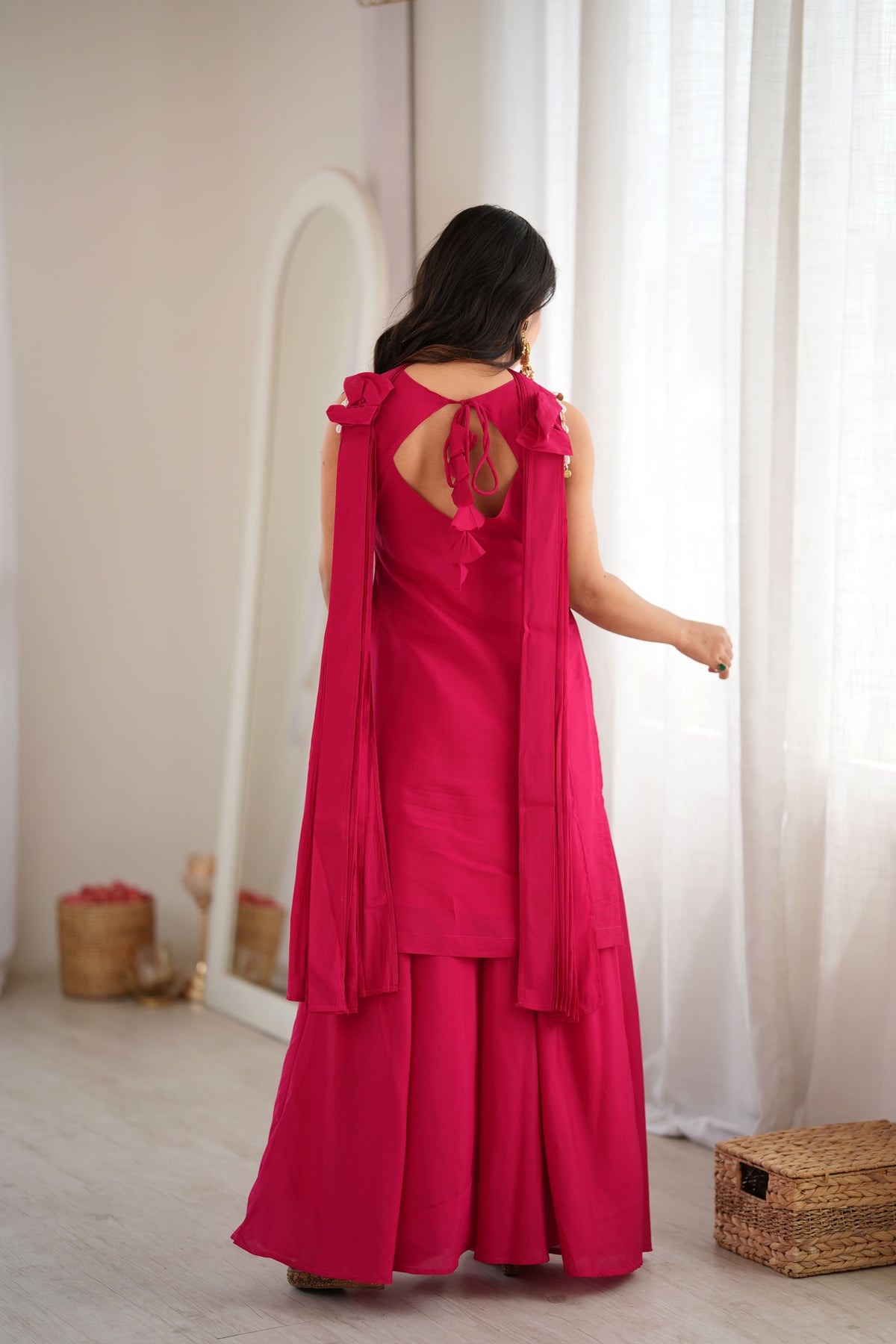 Wine Magenta Roman Silk Mirror Work Kurta Palazzo Set with Bow Dupatta