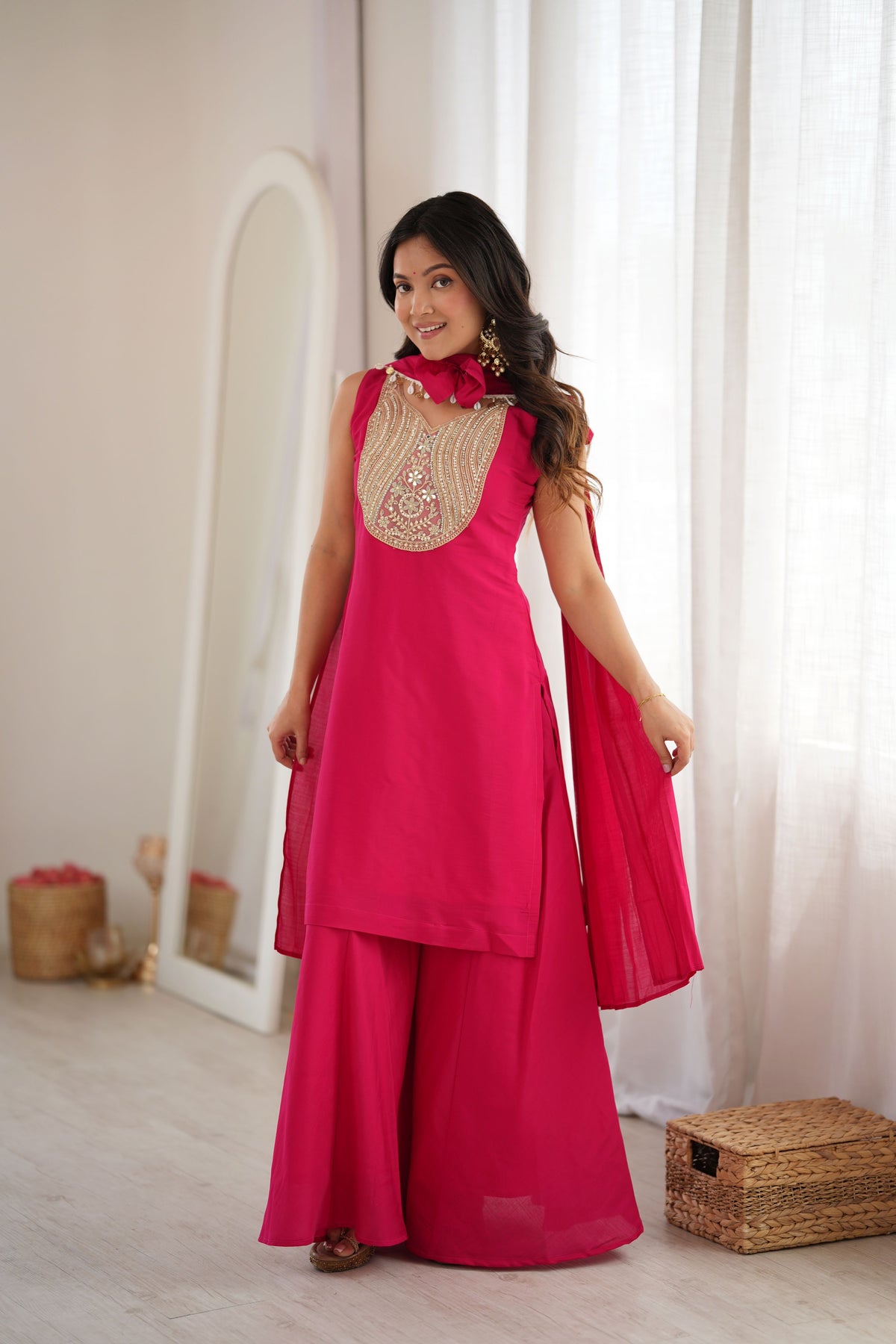 Wine Magenta Roman Silk Mirror Work Kurta Palazzo Set with Bow Dupatta