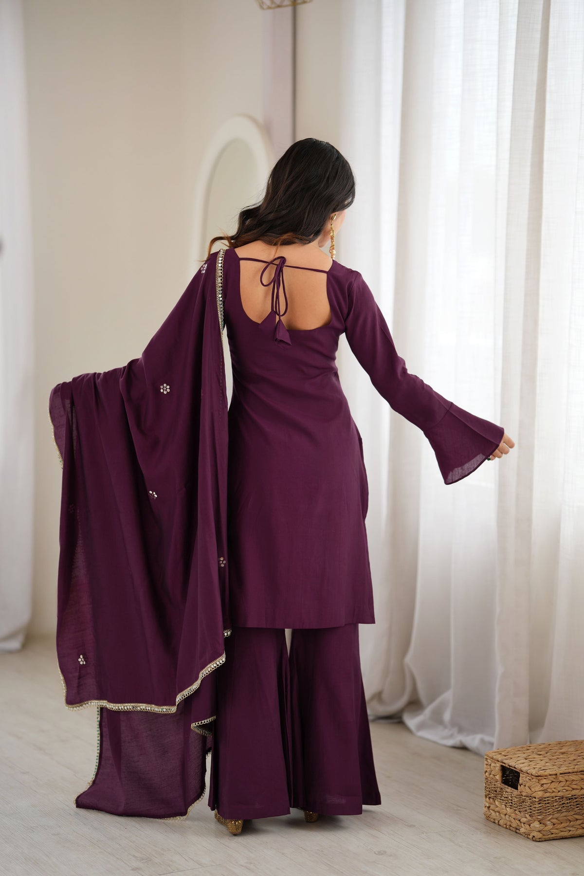 Wine Purple Roman Silk Foil Work Kurta Palazzo Set with Dupatta